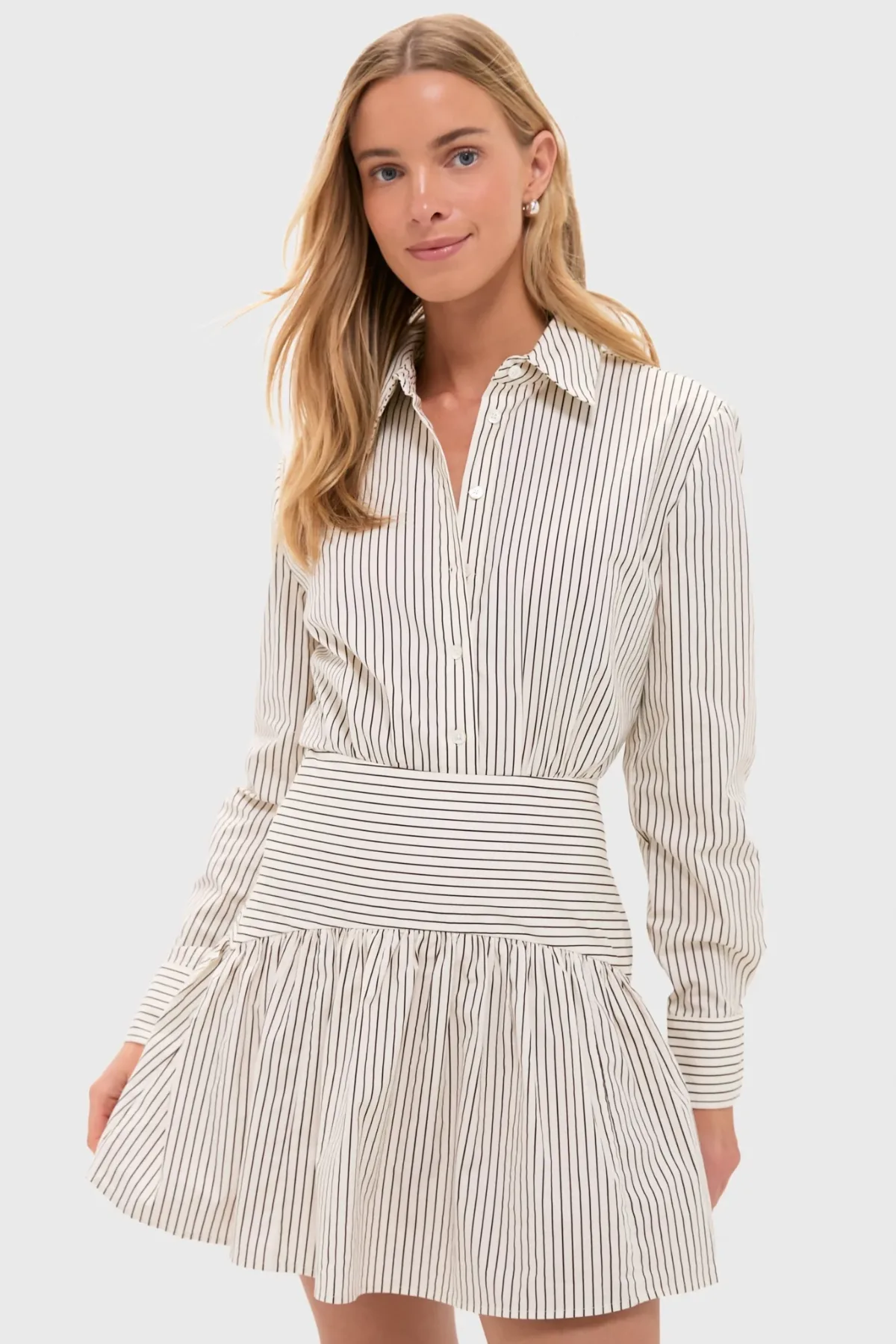 Ivory and Dark Oak Micro Stripe Rocco Mini Dress by STAUD