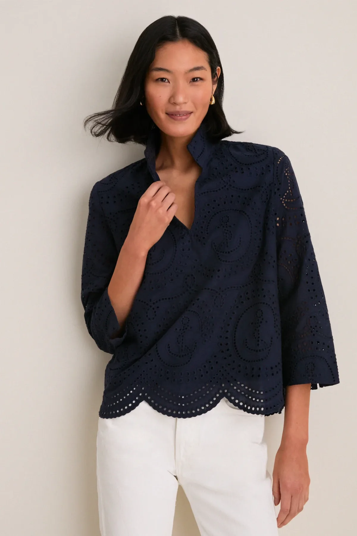 Navy Nautical Eyelet Margot Stand Collar Blouse by Tuckernuck
