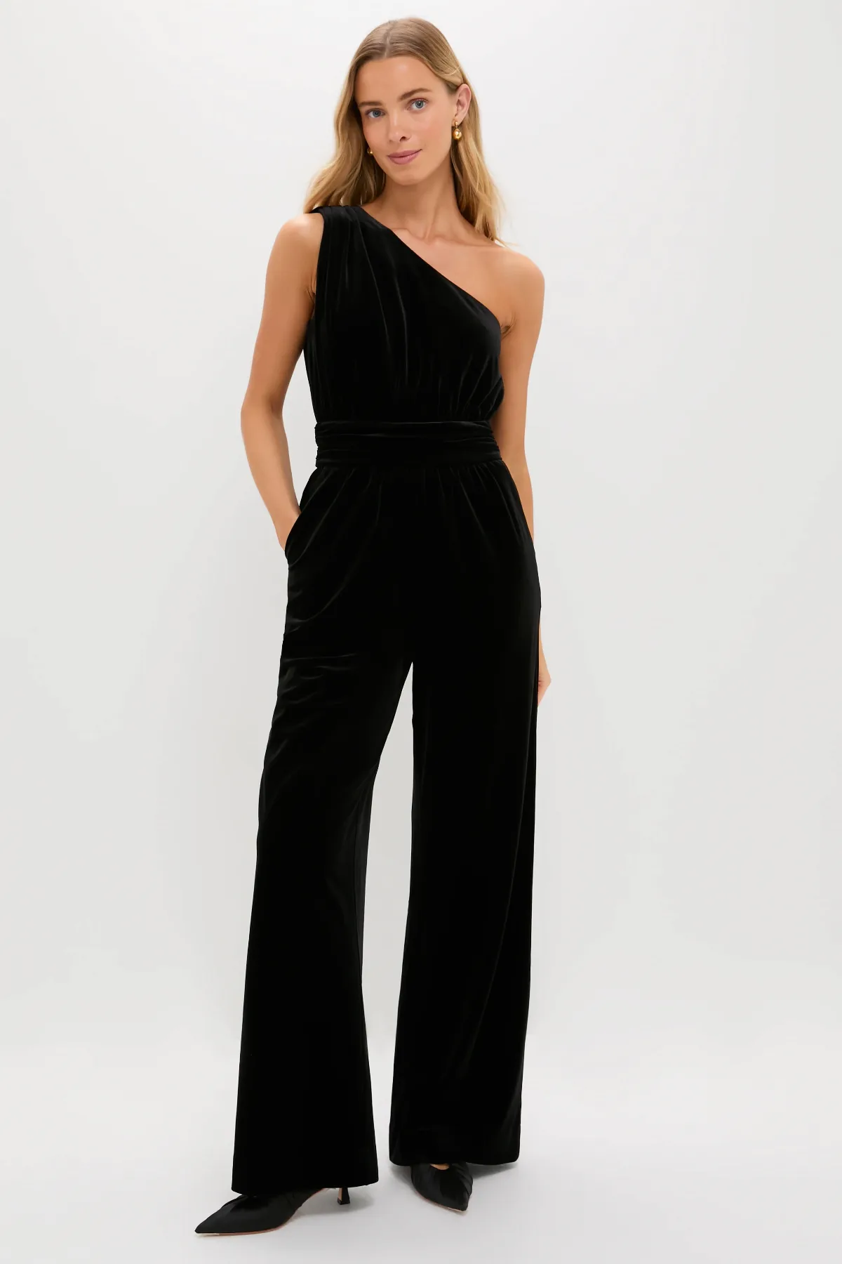 Black Velvet One Shoulder Araminta Jumpsuit by Hyacinth House