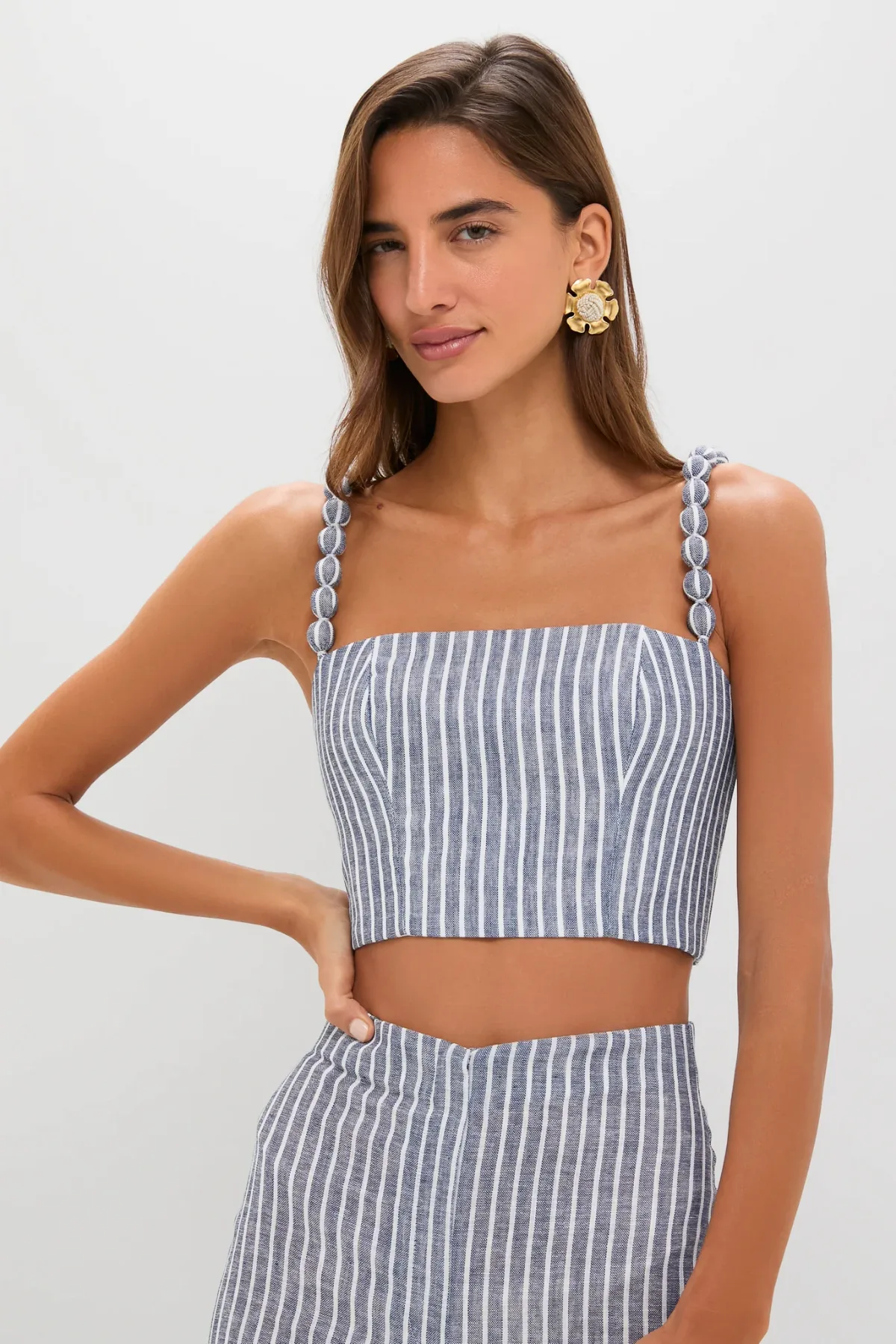 White and Blue Stripes Esperame Embellished Top by Andres Otalora
