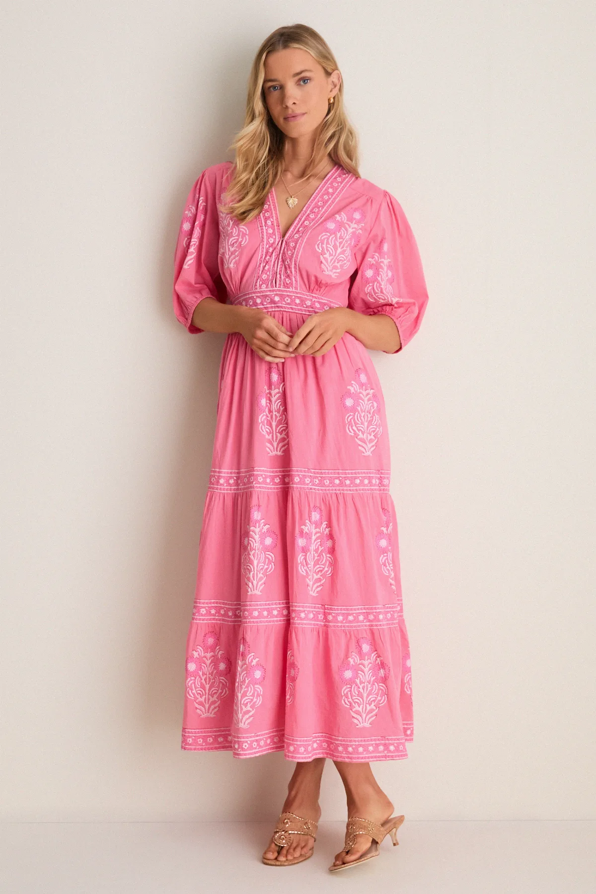 Raton Pink V-Neck Puffed Sleeve Maxi Dress by Oliphant