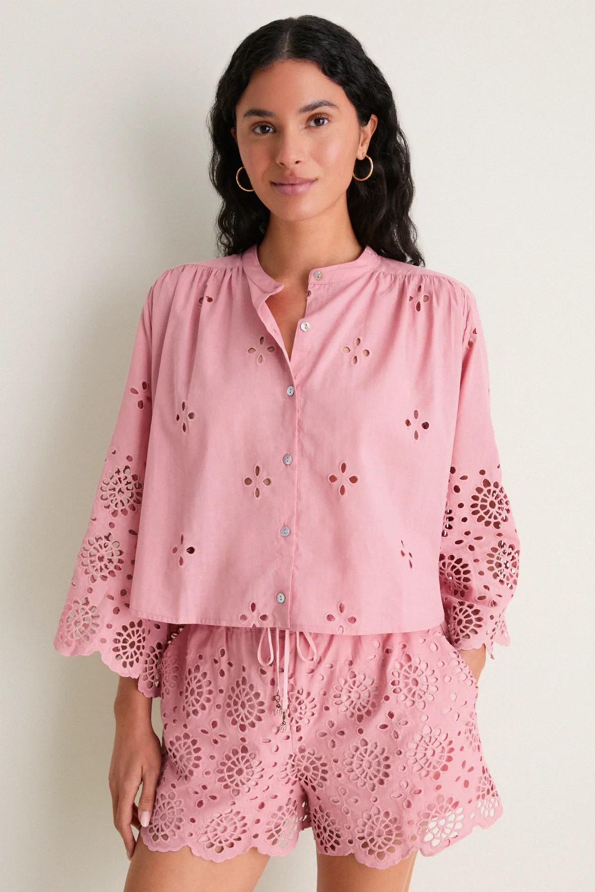 Pink Alvorada Embroidered Kimono Sleeve Buttoned Blouse by Dress To
