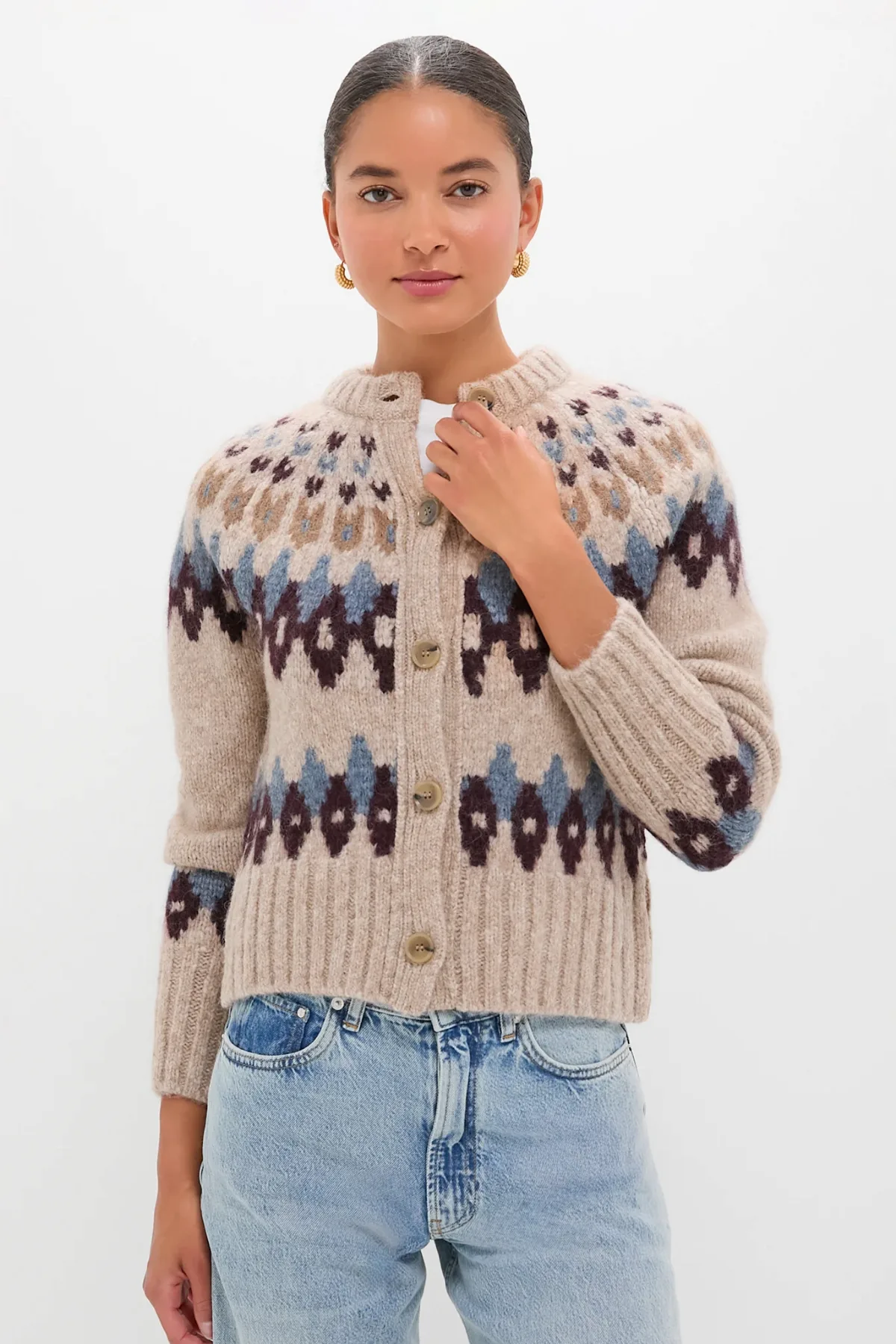 Oatmeal Melange Multi Christina Fairisle Cardigan by Veronica Beard