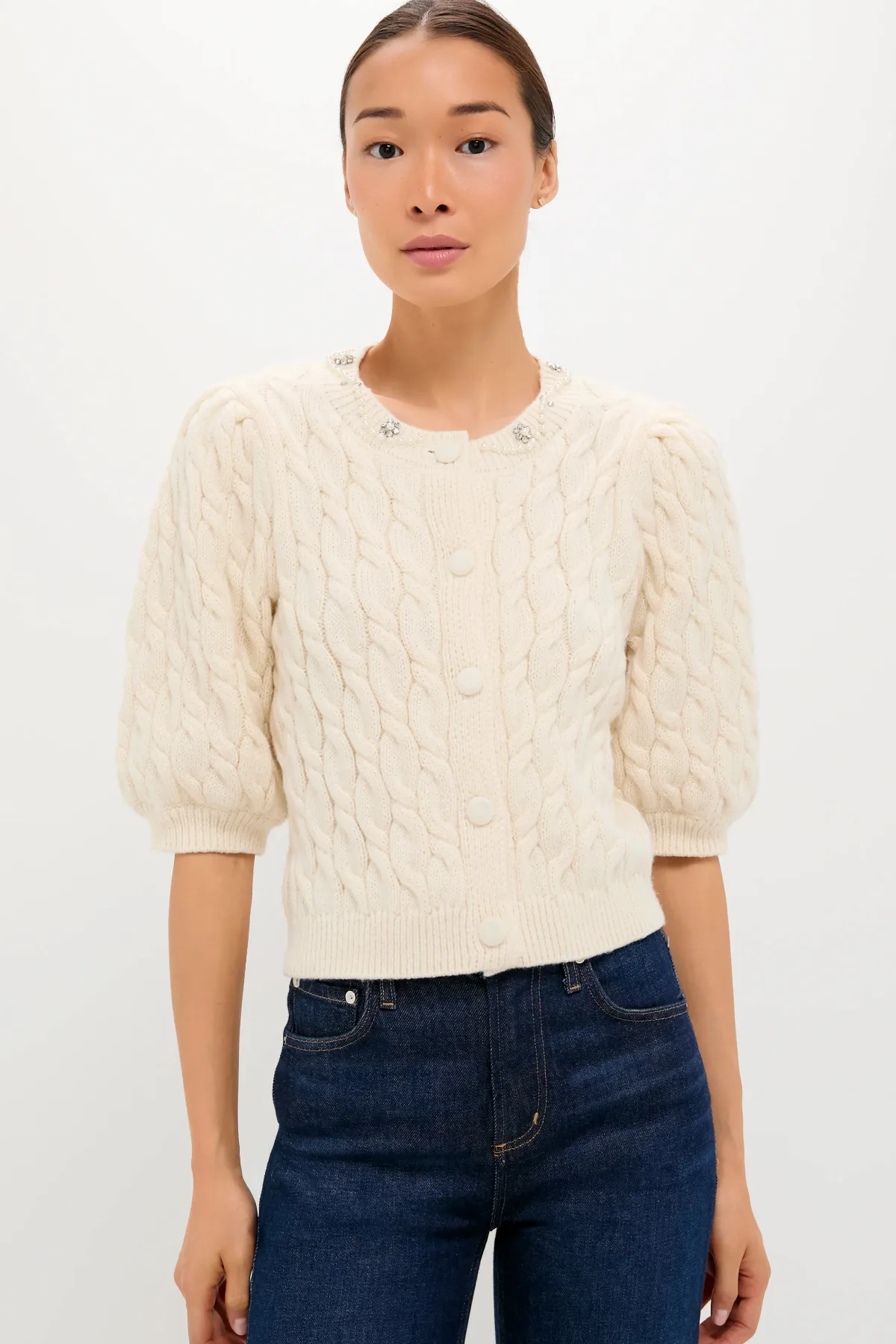 White Embellished Hadley Cardigan by Tuckernuck