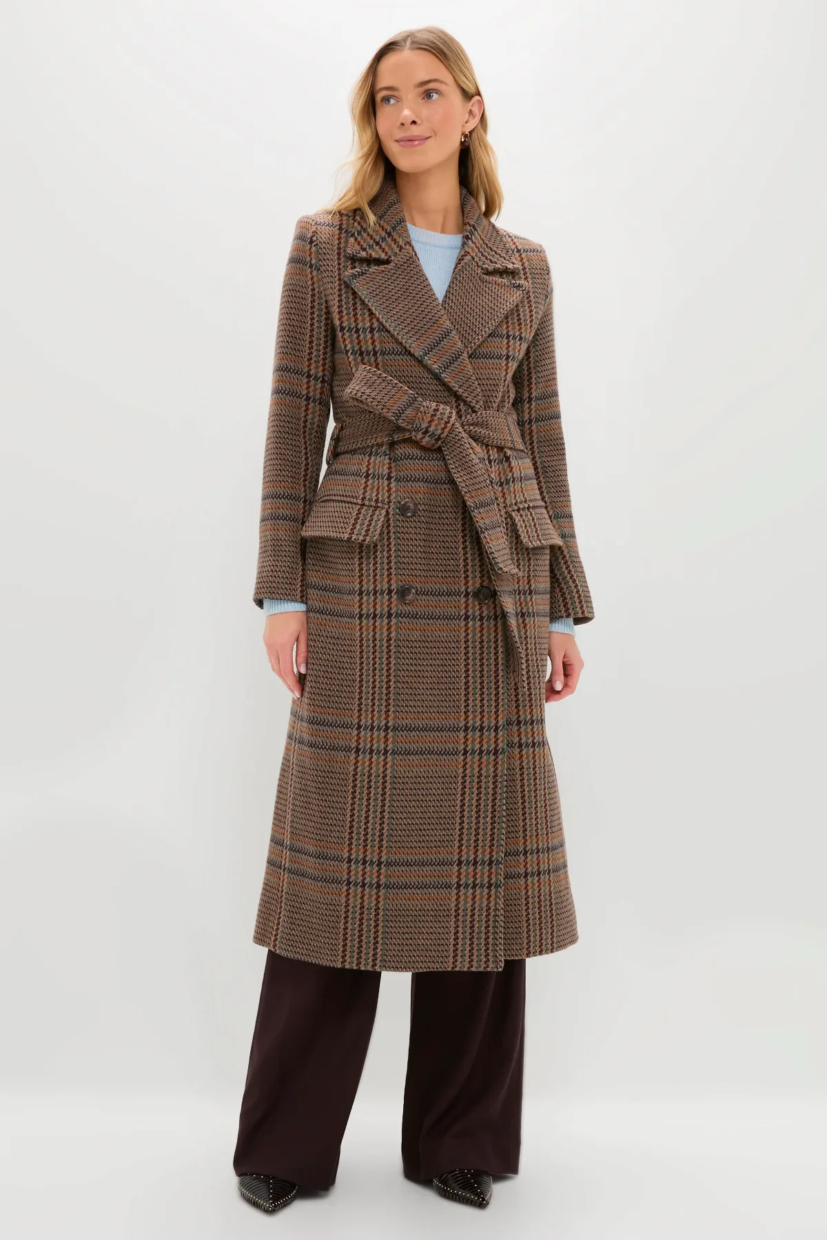 Plaid Kolina Long Coat with Belt by LAGENCE
