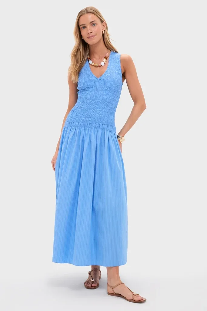 Azul Mico Pinstripe Palomar Midi Dress by FAITHFULL THE BRAND
