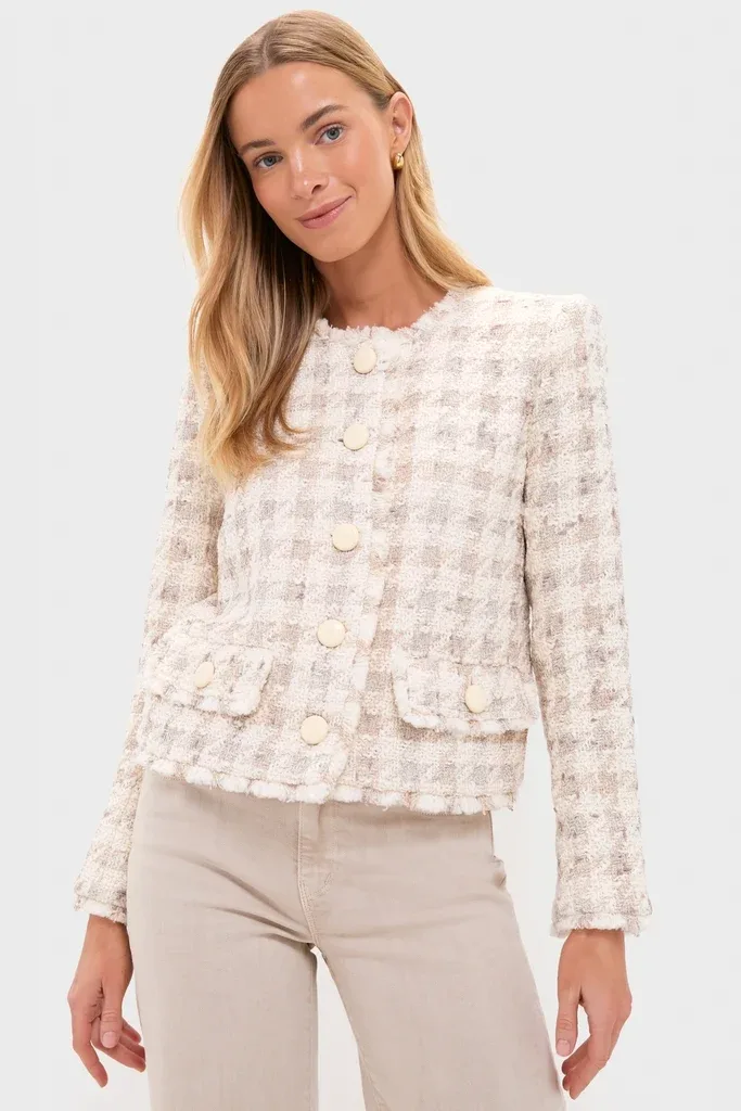 Taupe and Grey Houndstooth Zell Collarless Jacket by LAGENCE