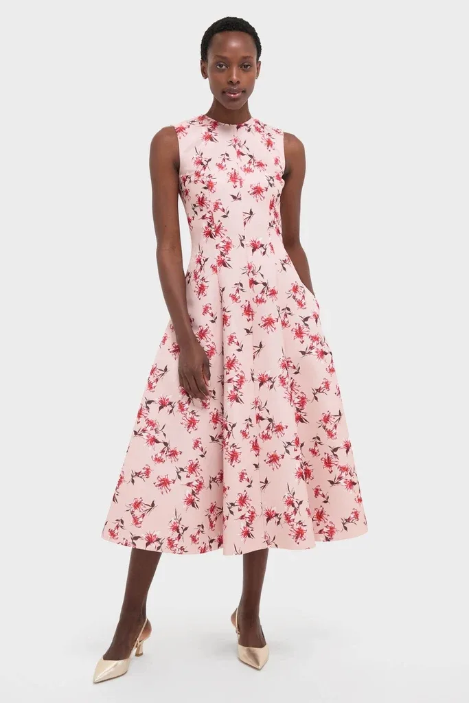 Red Summer Lillies on Pink Mara Midi Dress by Emilia Wickstead