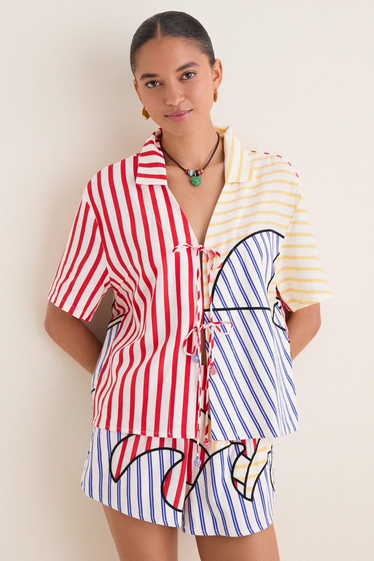 Navy Stripes Off-White Tie Front Blouse by Farm Rio