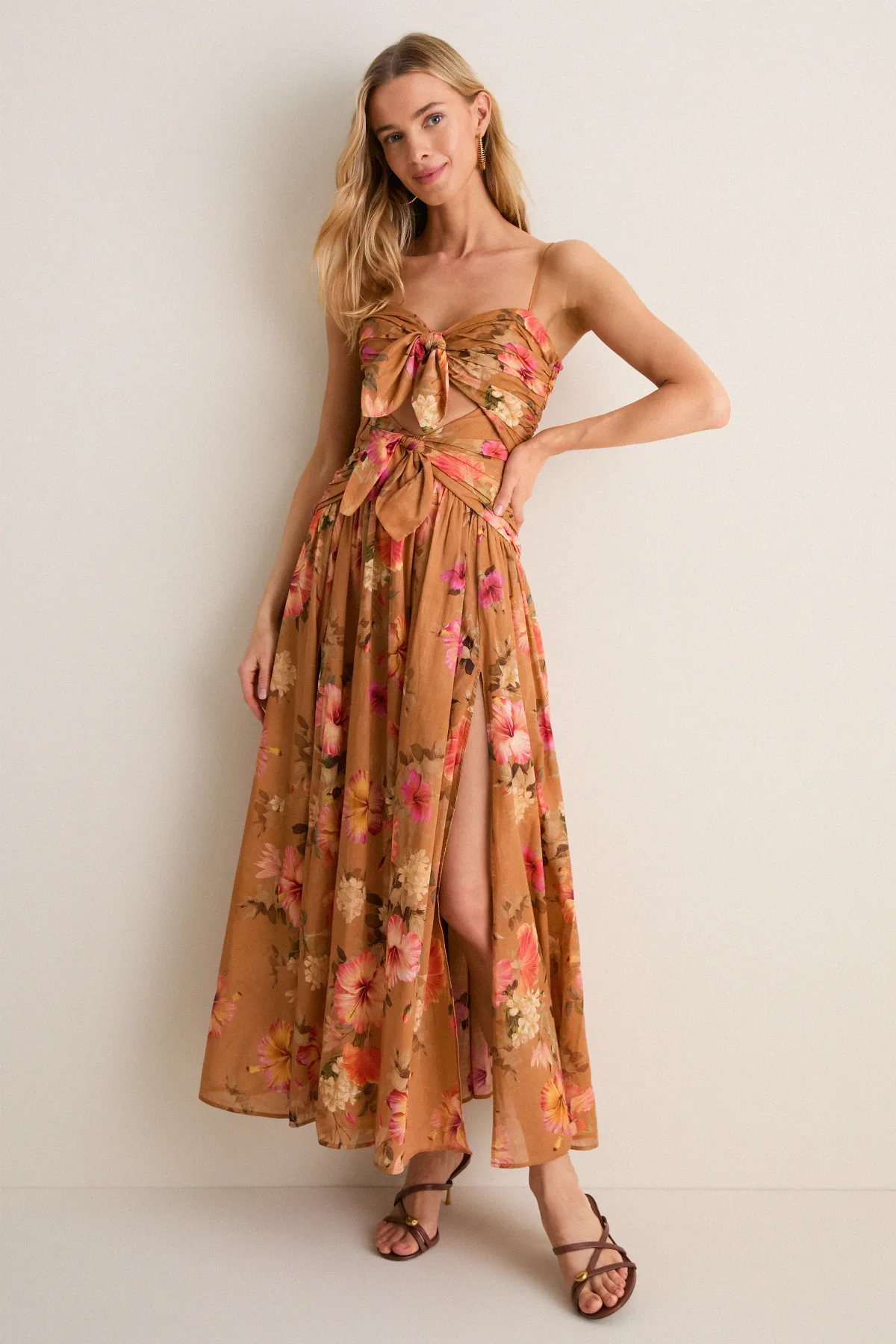 Tan Hibiscus Mahon Tie Front Midi Dress by Zimmermann