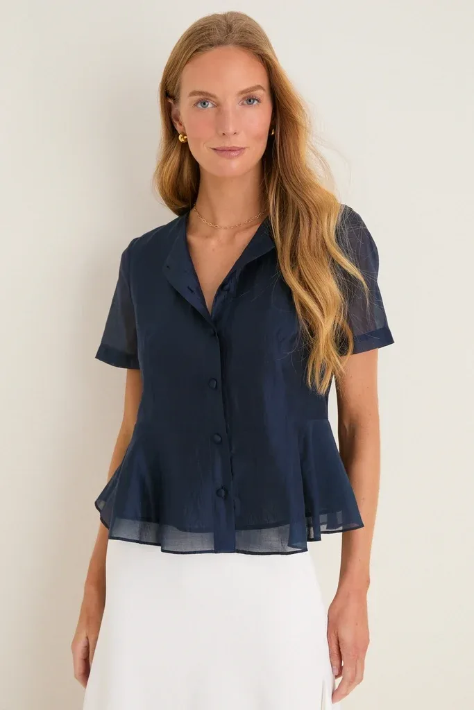Navy Organza Peplum Sylvette Blouse by Tuckernuck