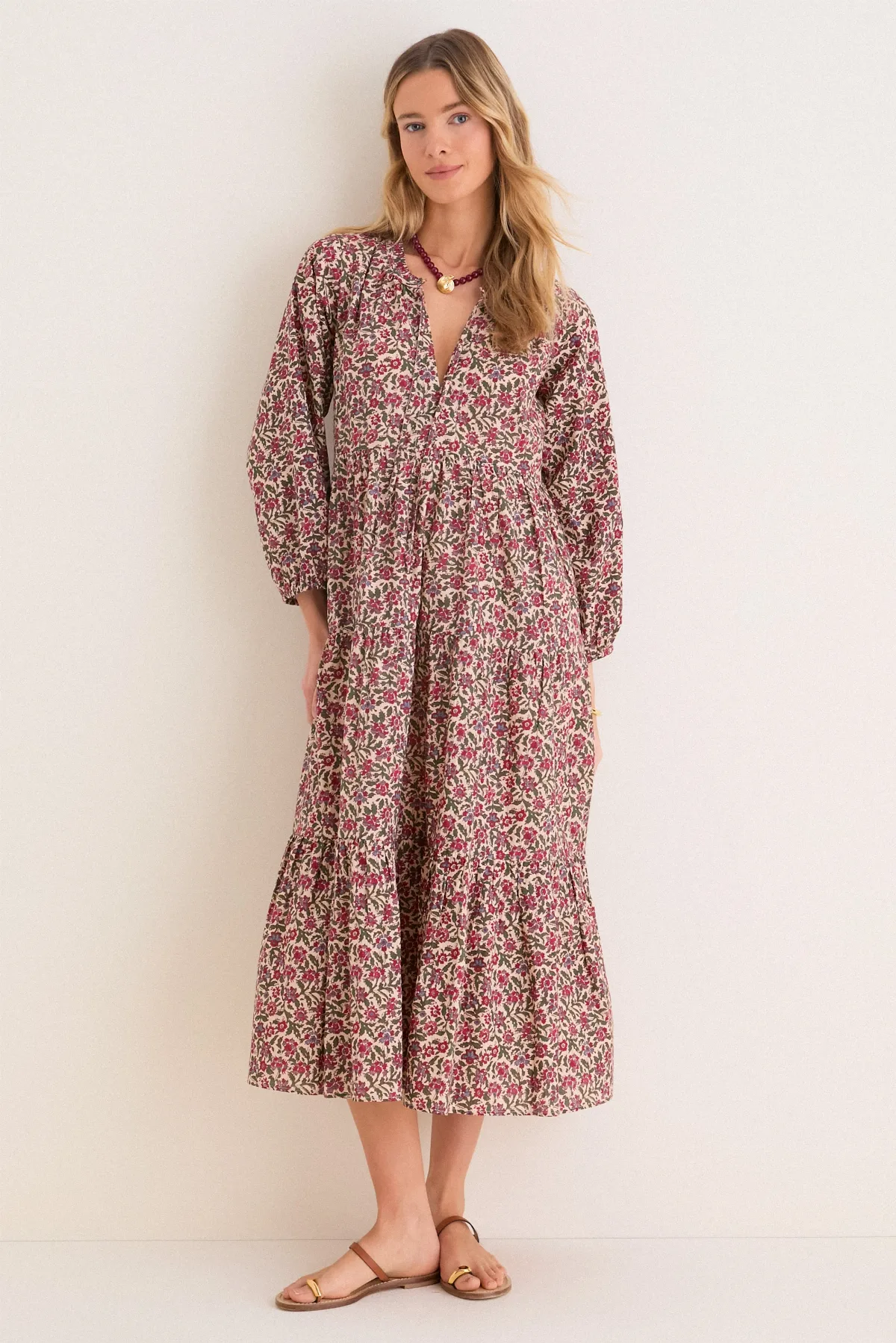 Framboise Floral Long Sleeve Salty Paloma Caftan by Tnuck Beach