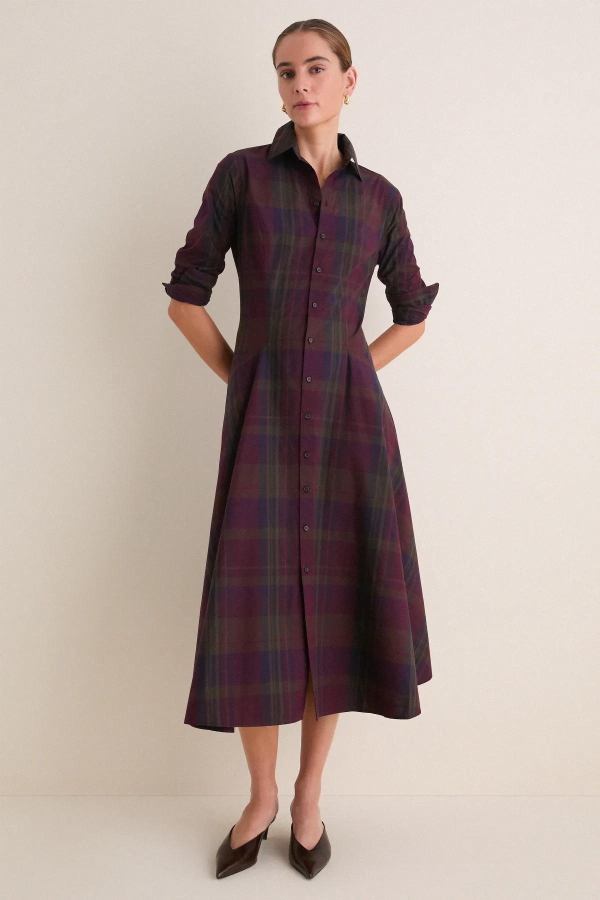 Merlot Green Multi Plaid Collared Long Sleeve Midi Dress