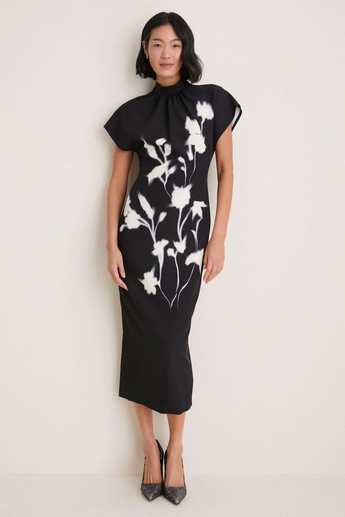 Black Floral Crepe Stella Dress by Lela Rose