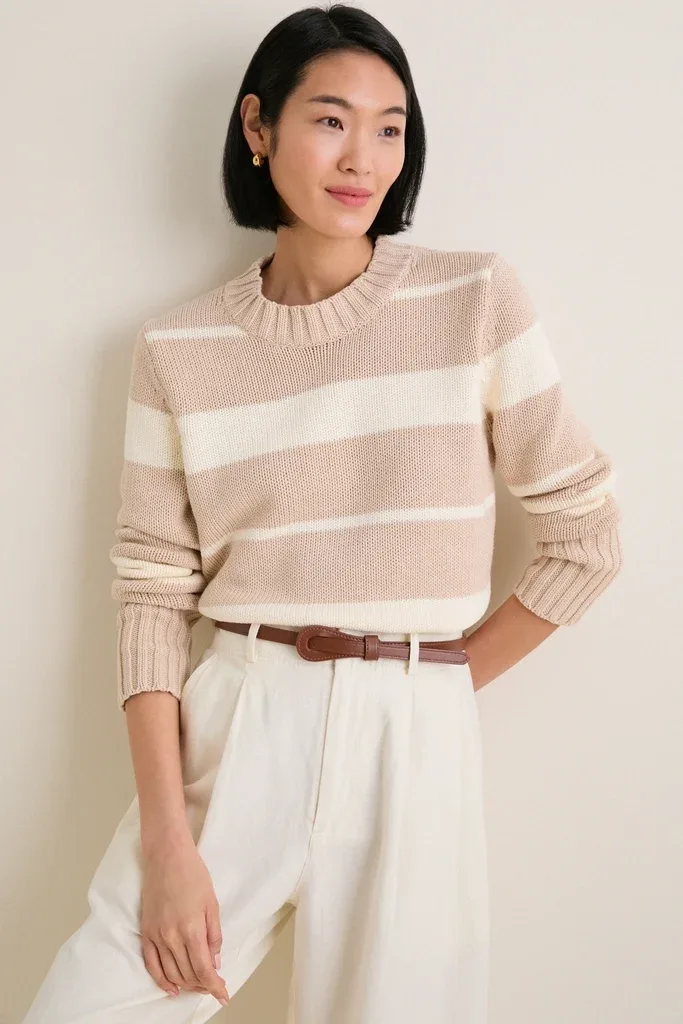 Sandstone and Ivory Stripe Cotton William Crewneck by Tuckernuck