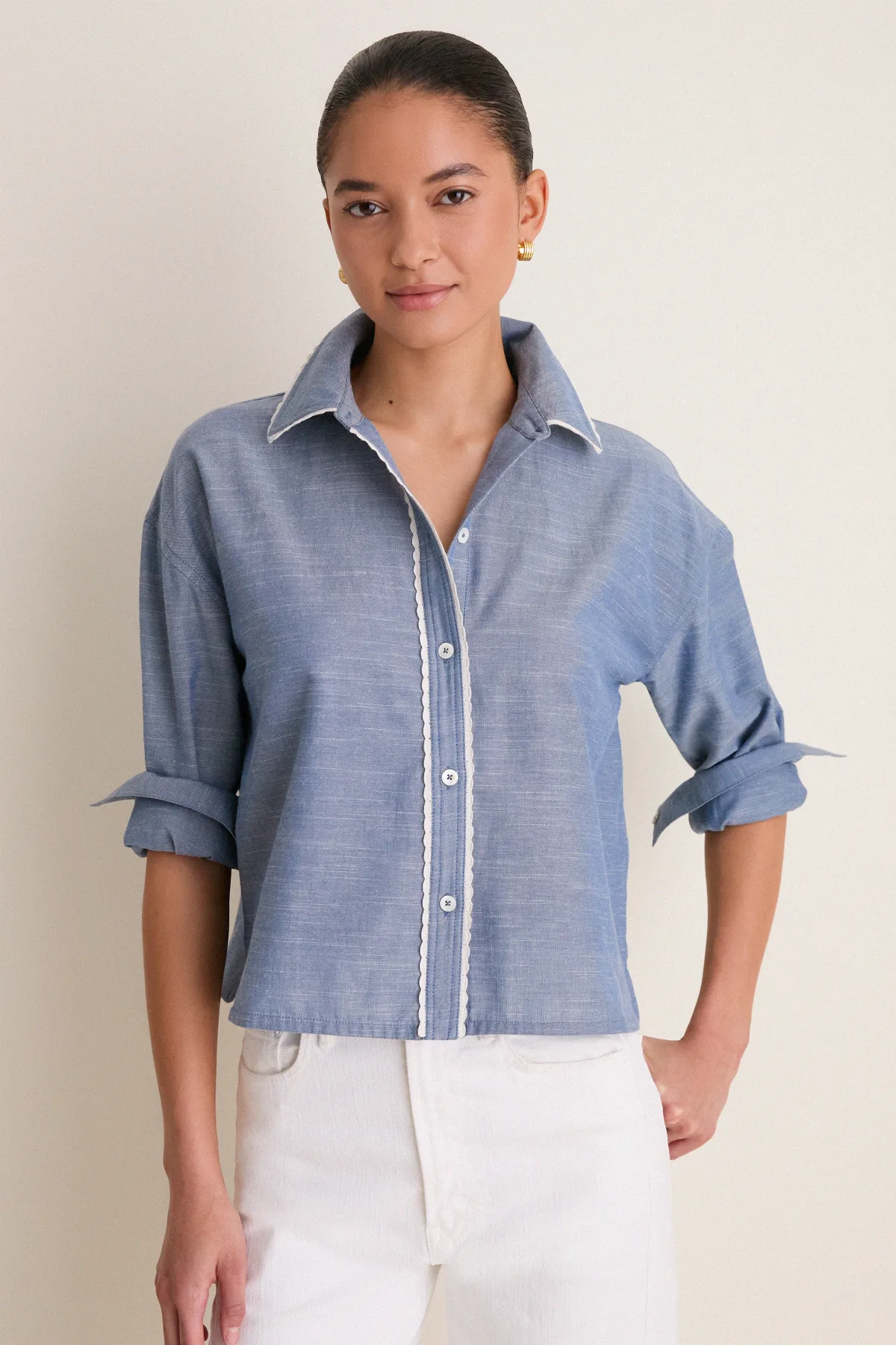 Chambray Cropped Jasper Button Down by Tuckernuck