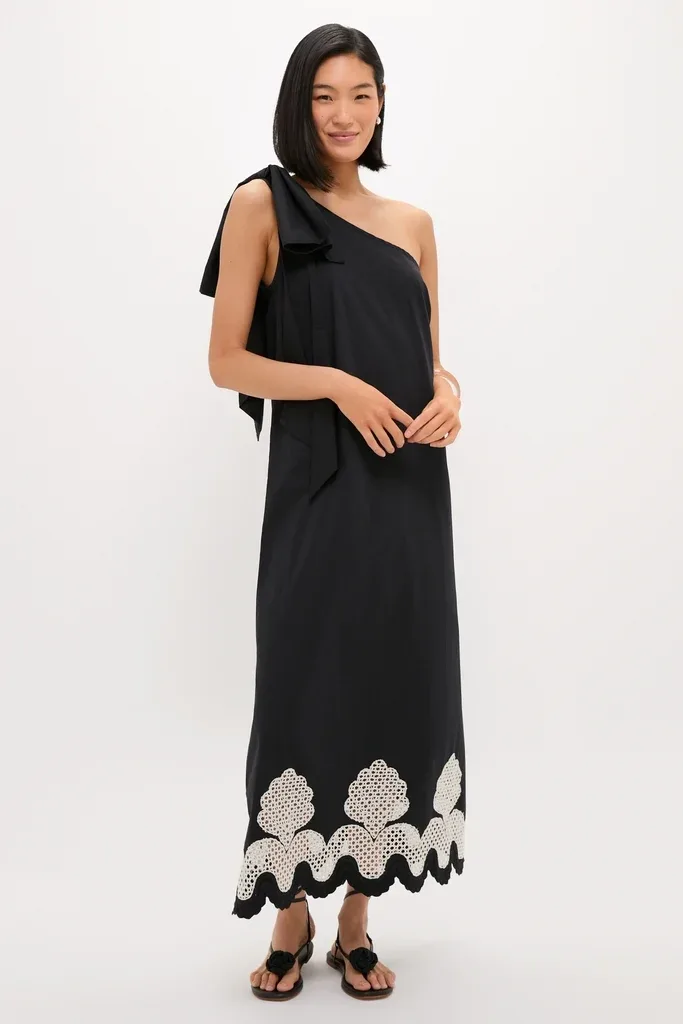 Black One Shoulder Embroidered Glinda Dress by Tuckernuck