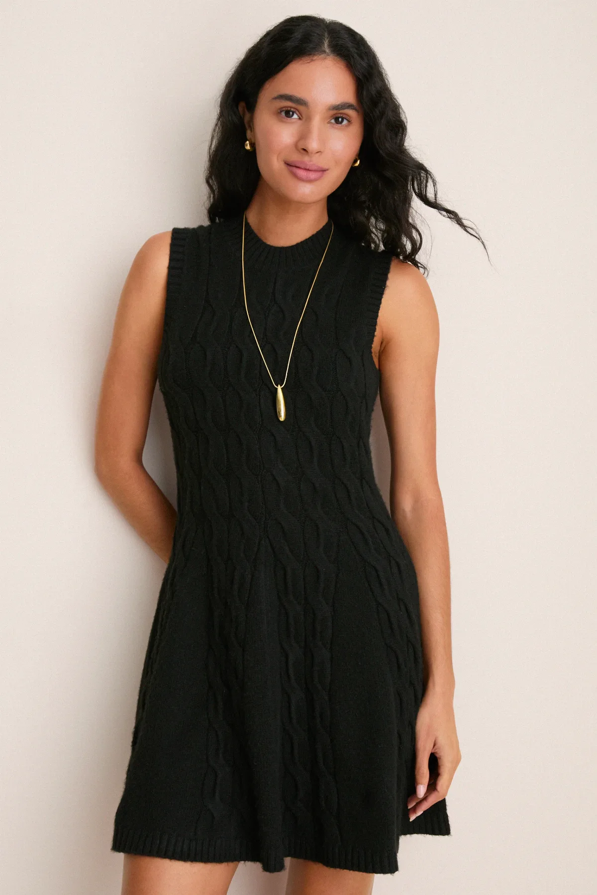 Black Cable Knit Mini Saxon Dress by Hyacinth House