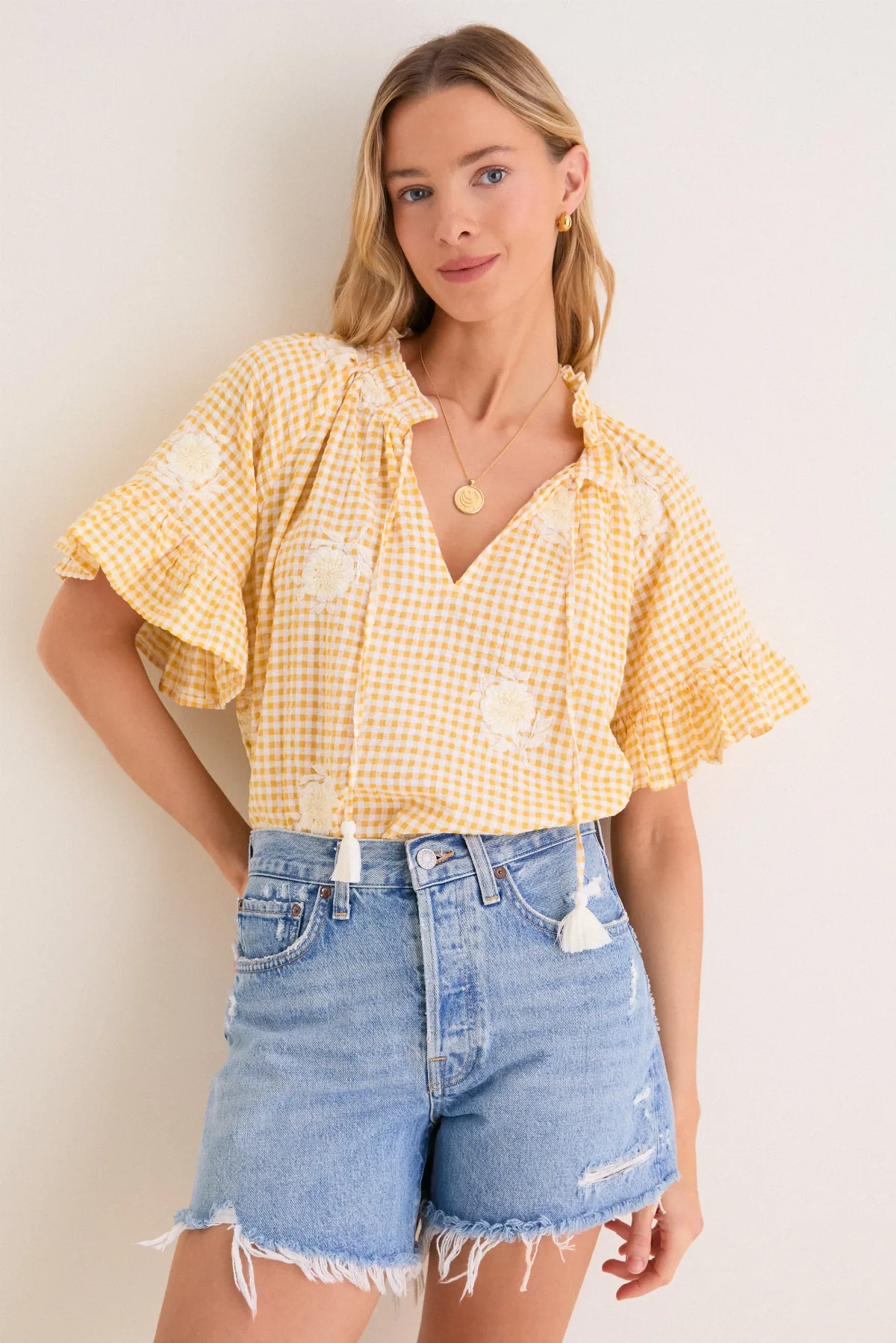 Honey Gingham Embroidered Gingham Cassis Top by Tnuck Beach