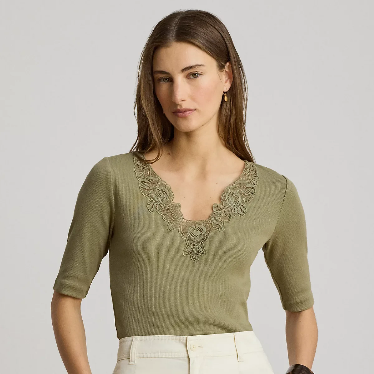 Lace-Trim Rib-Knit Cotton-Blend Top
