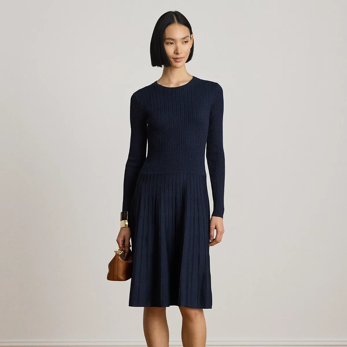 Mini-Cable & Rib-Knit Long-Sleeve Dress