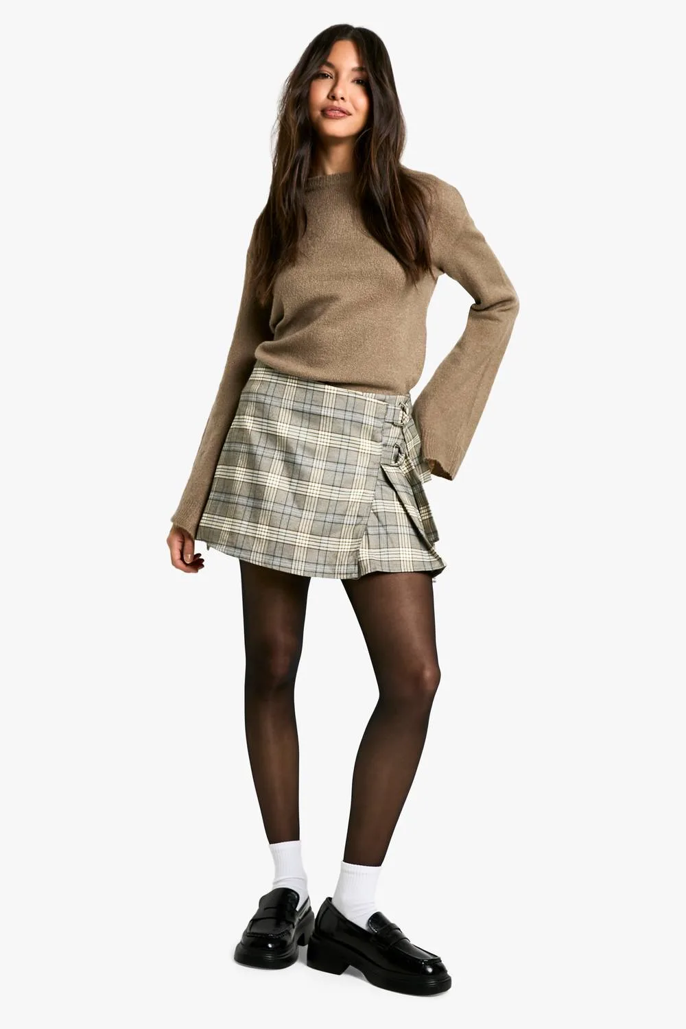 Check Pleated Mini Skirt with Buckle Fastening by boohoo
