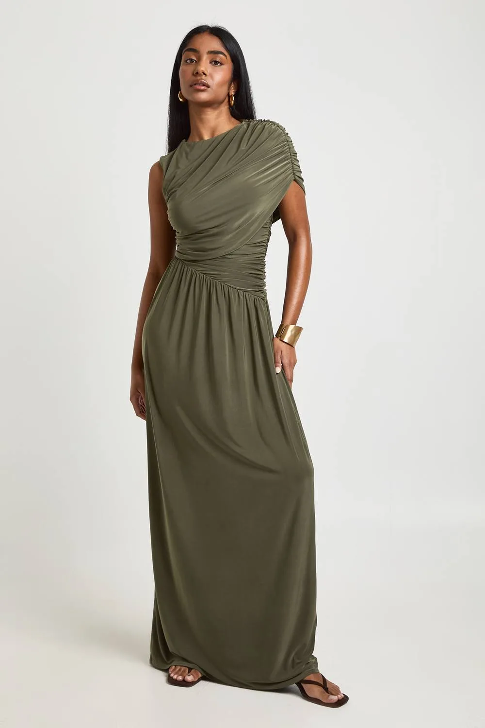 Double Layer Slinky Sleeveless Ruched Body Maxi Dress by boohoo