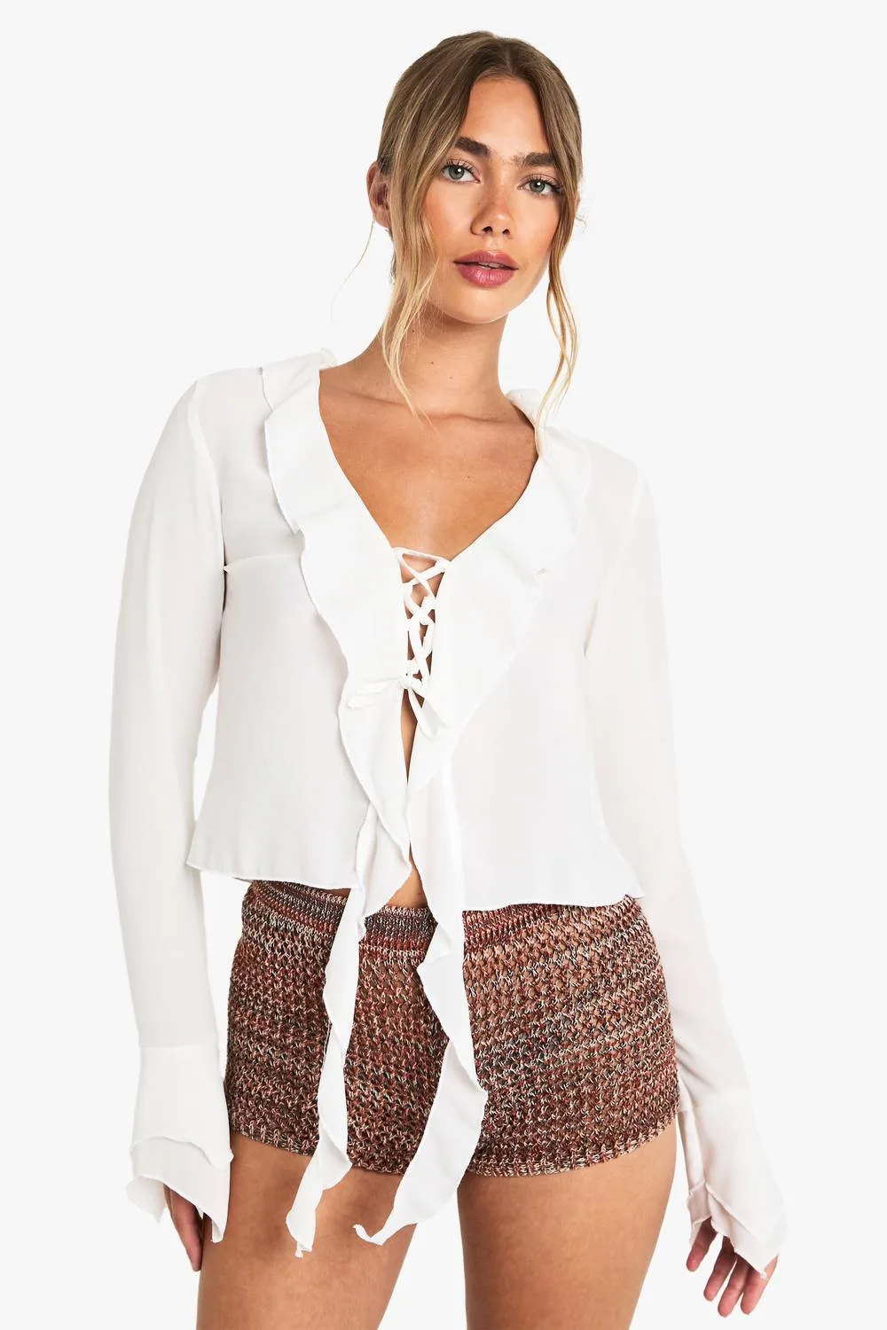 Chiffon Tie Front Ruffle Blouse by boohoo