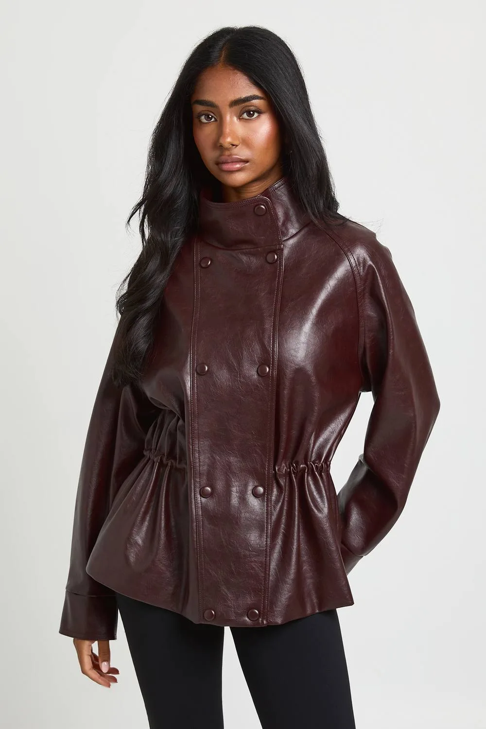 Petite Faux Leather Longline Button Detail High Neck Jacket by boohoo