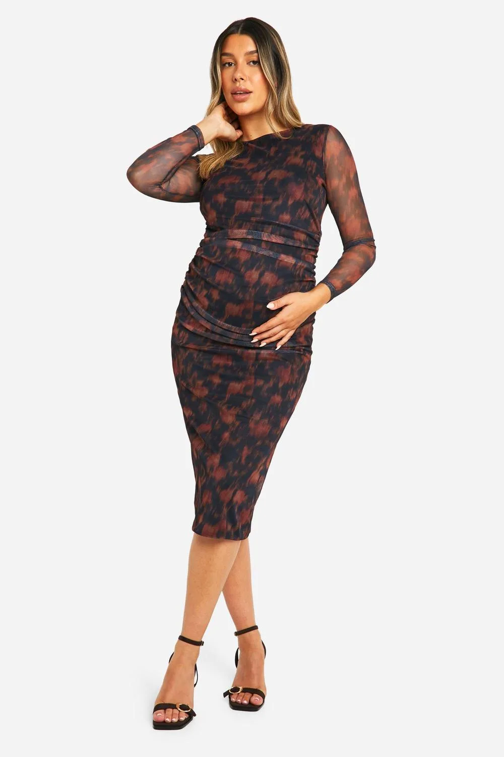 Maternity Blurred Floral Print Mesh Ruched Detail Long Sleeve Midaxi Dress by boohoo