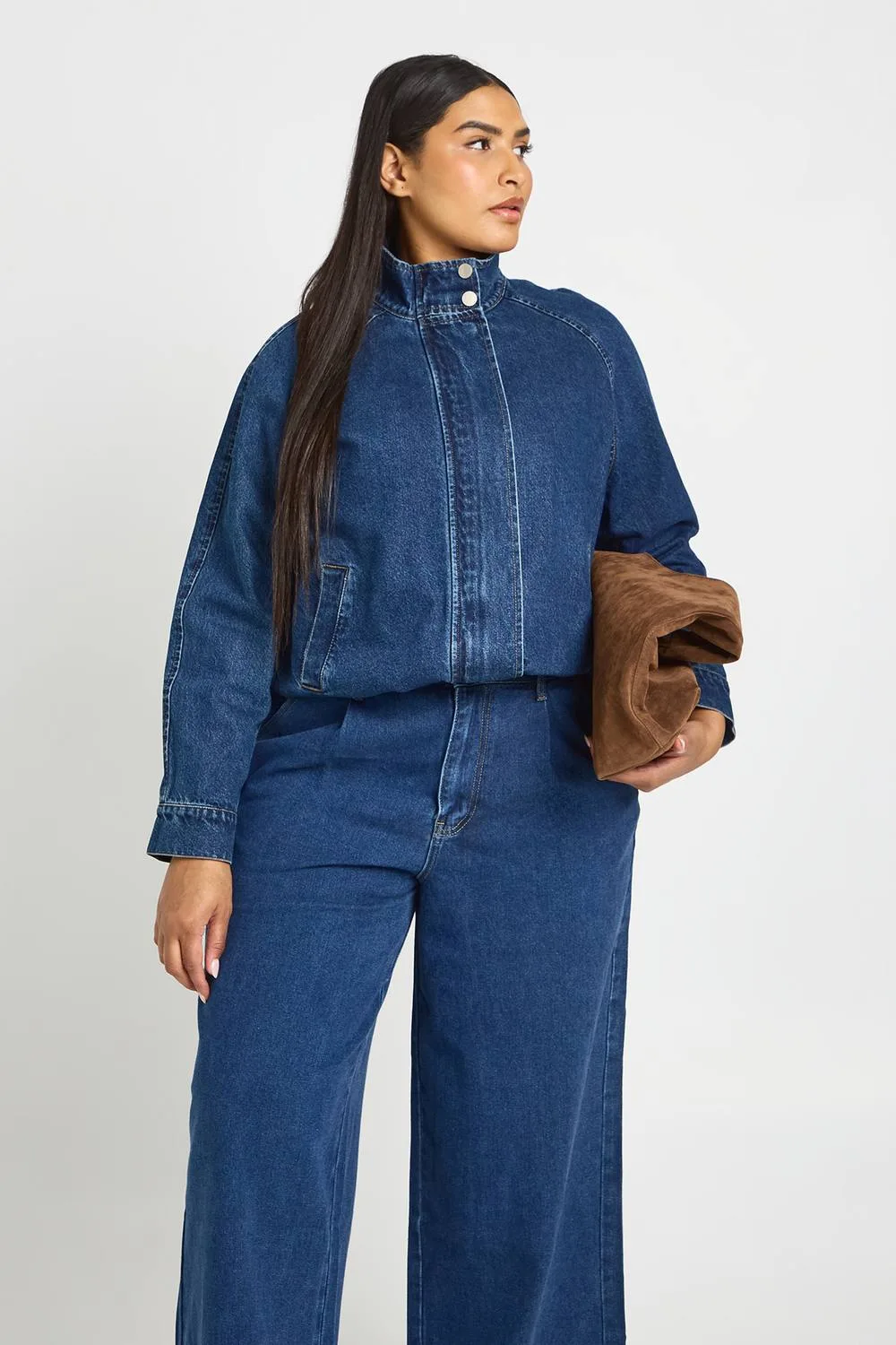 Funnel Neck Denim Bomber Jacket by boohoo