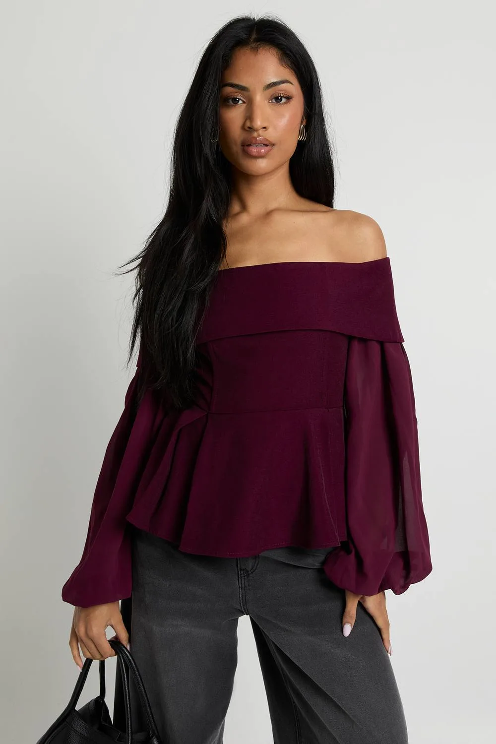 Chiffon Crepe Bardot Blouse by boohoo