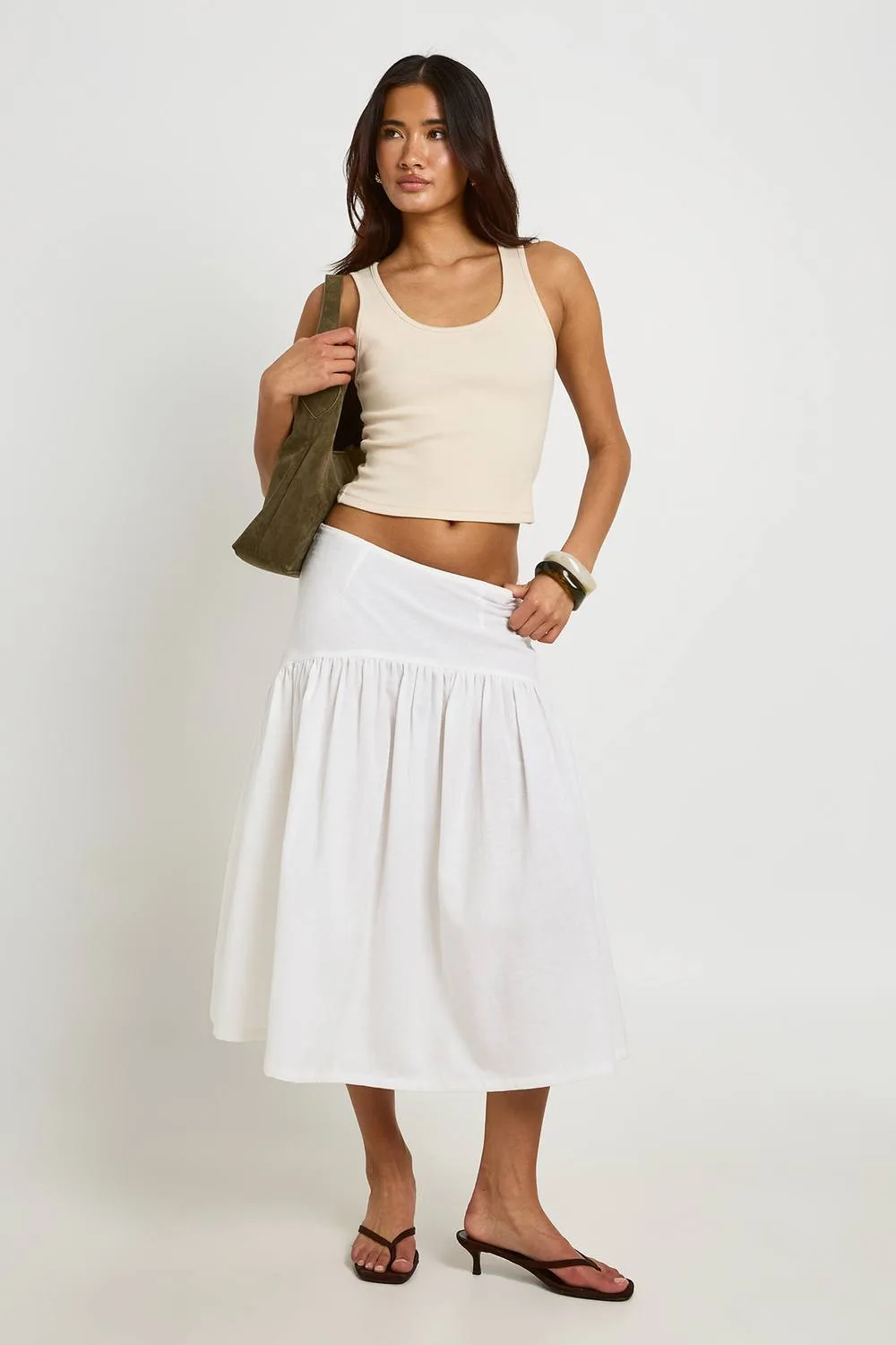 Linen Look Drop Waist Midi Skirt