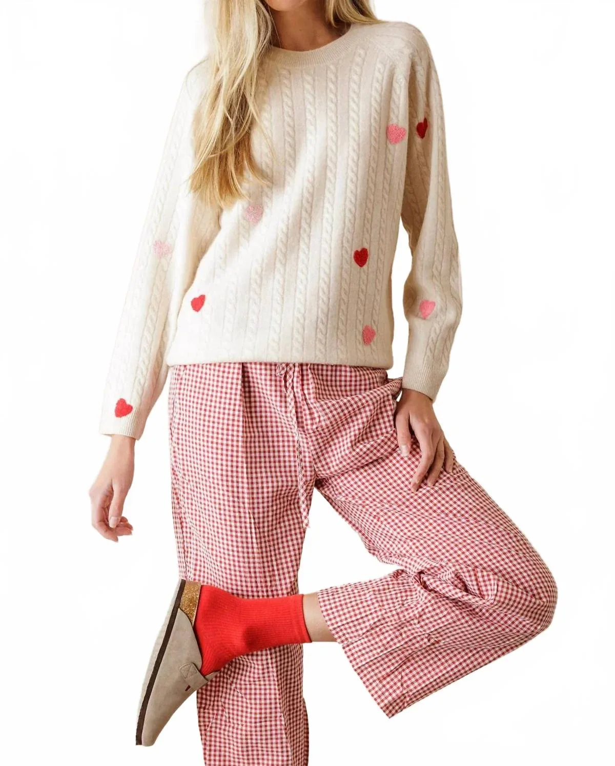 Nelli Cashmere Heart Embroidered Cable Sweater in Coconut by 27 Miles Malibu
