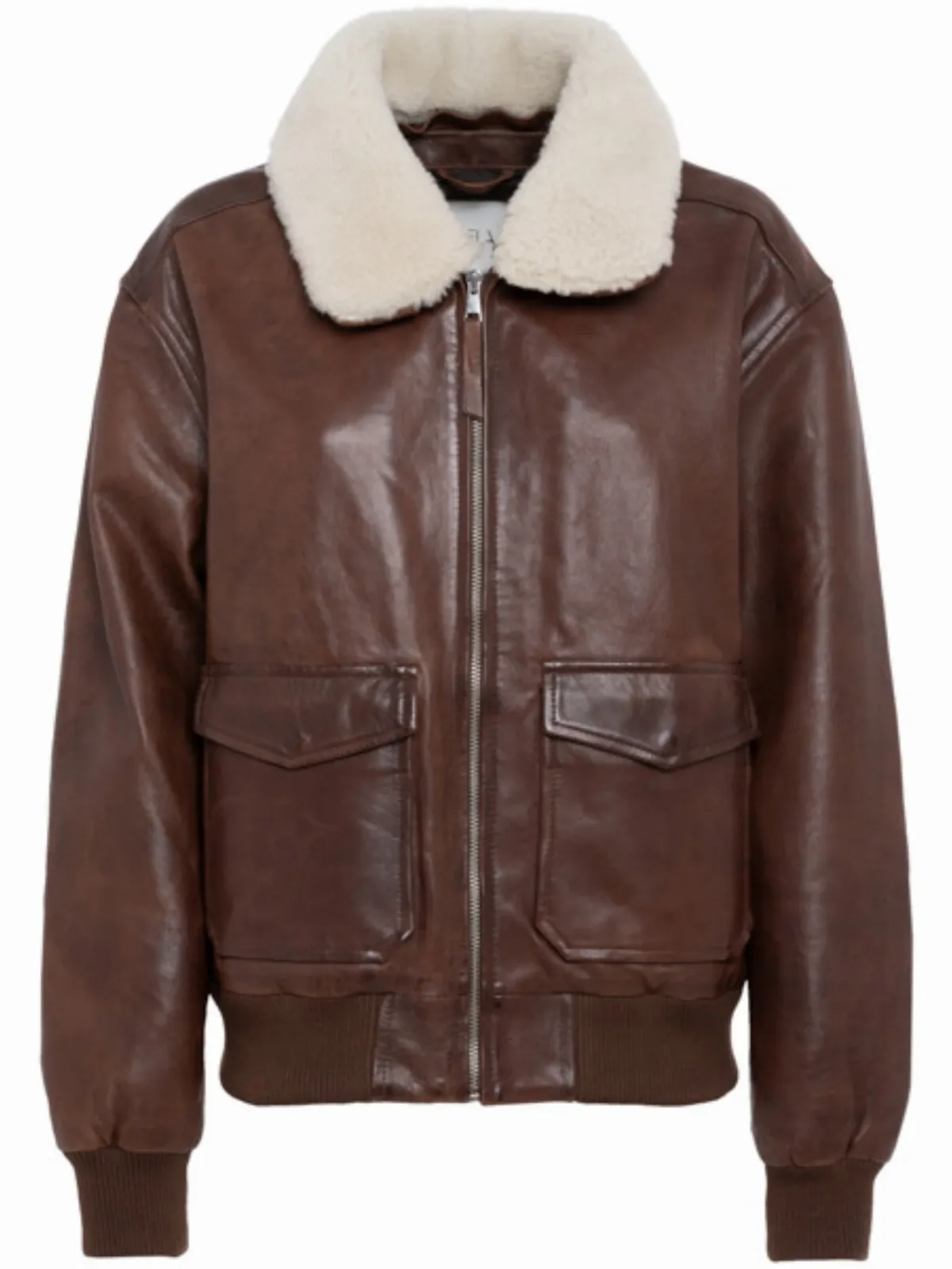 Brown Lamb Leather Bomber Jacket with Shearling Collar by Tela