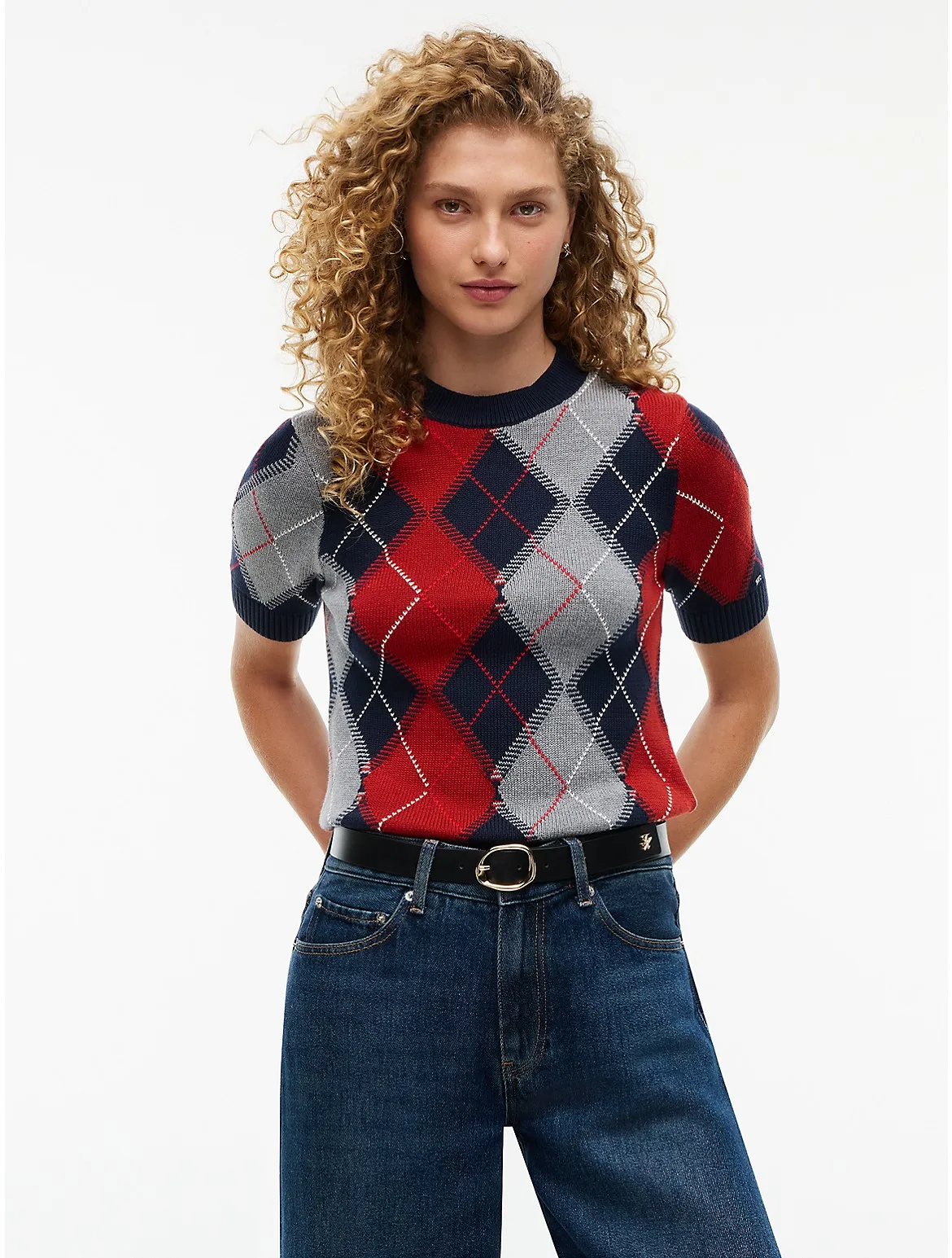 Short-Sleeve Argyle Crewneck Sweater by Tommy Hilfiger