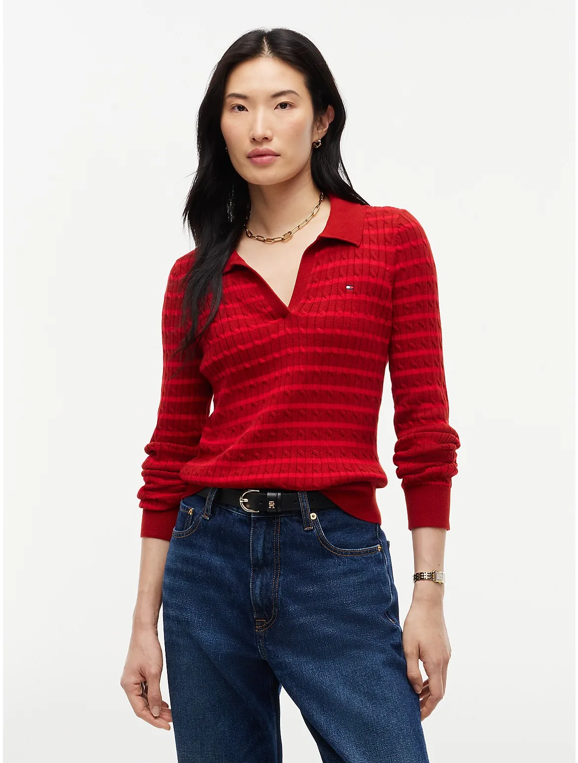 Slim Fit Cable Knit Sweater Polo by Tommy Hilfiger