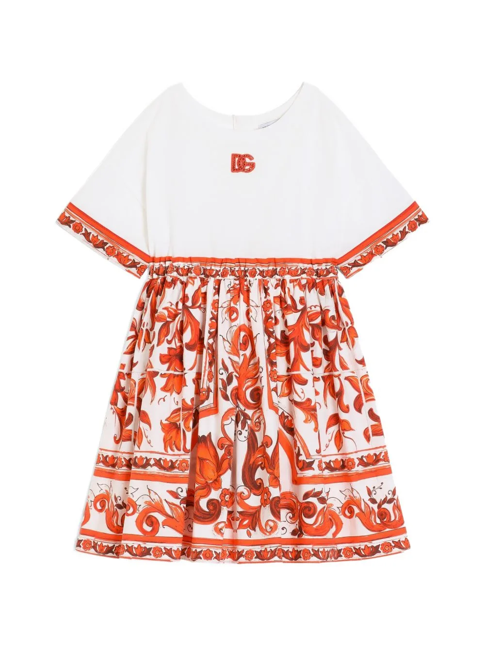 Majolica-Print Mix Material Dress by Dolce & Gabbana Kids
