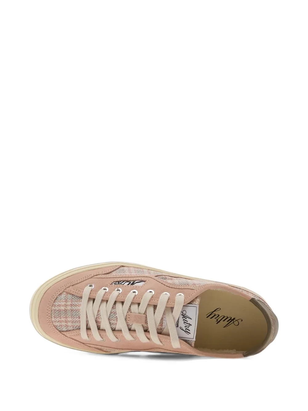 Windscape Low Sneakers in Powder Pink and Chocolate Check-Print Fabric and Suede by Autry