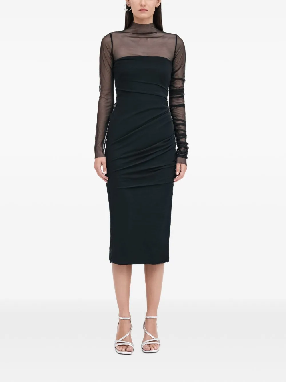Tehya Ruched Mesh-Panel Midi Dress by Marcella