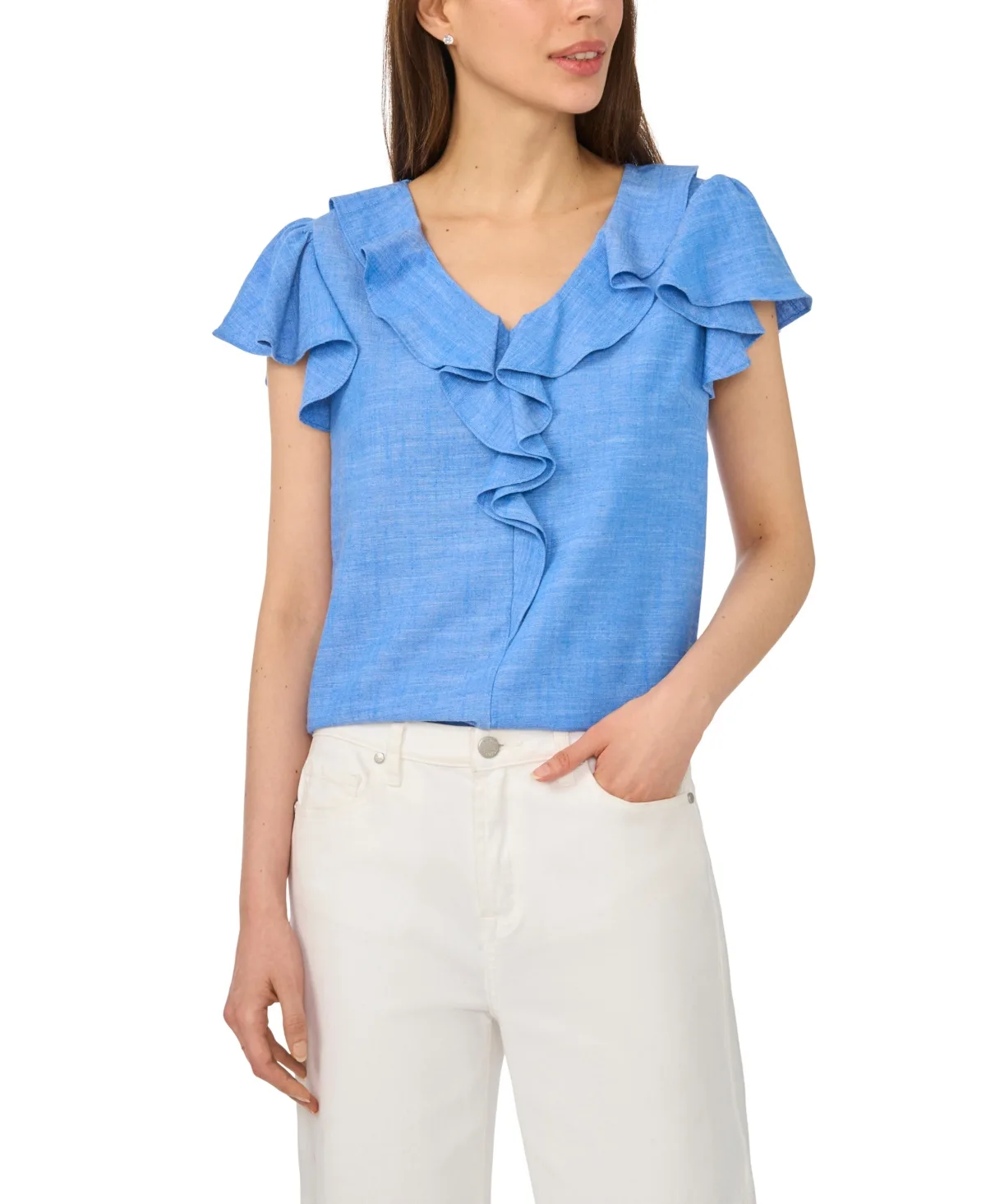 Ruffle V-Neck Flutter-Sleeve Top by Cece