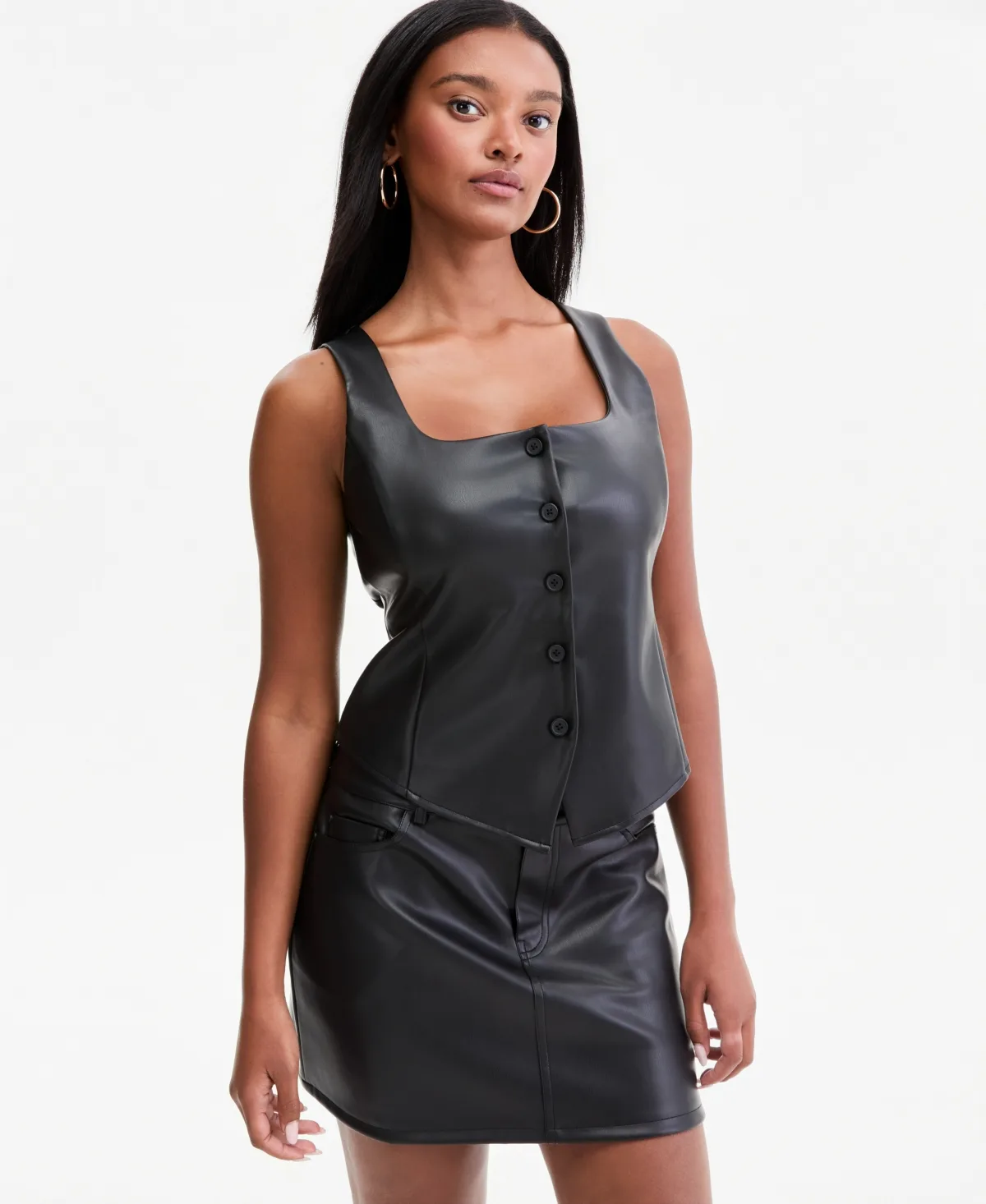 Faux-Leather Scoop-Neck Button-Front Vest by Bar Iii