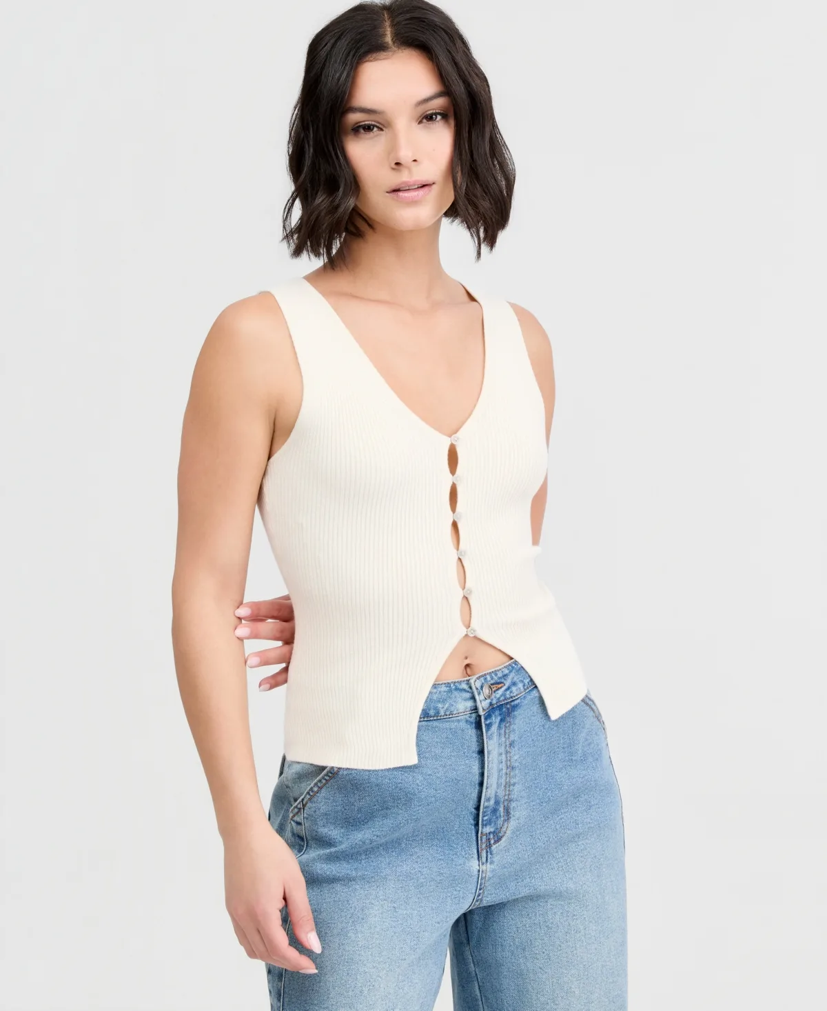 Ribbed Button-Front Top by Bar Iii