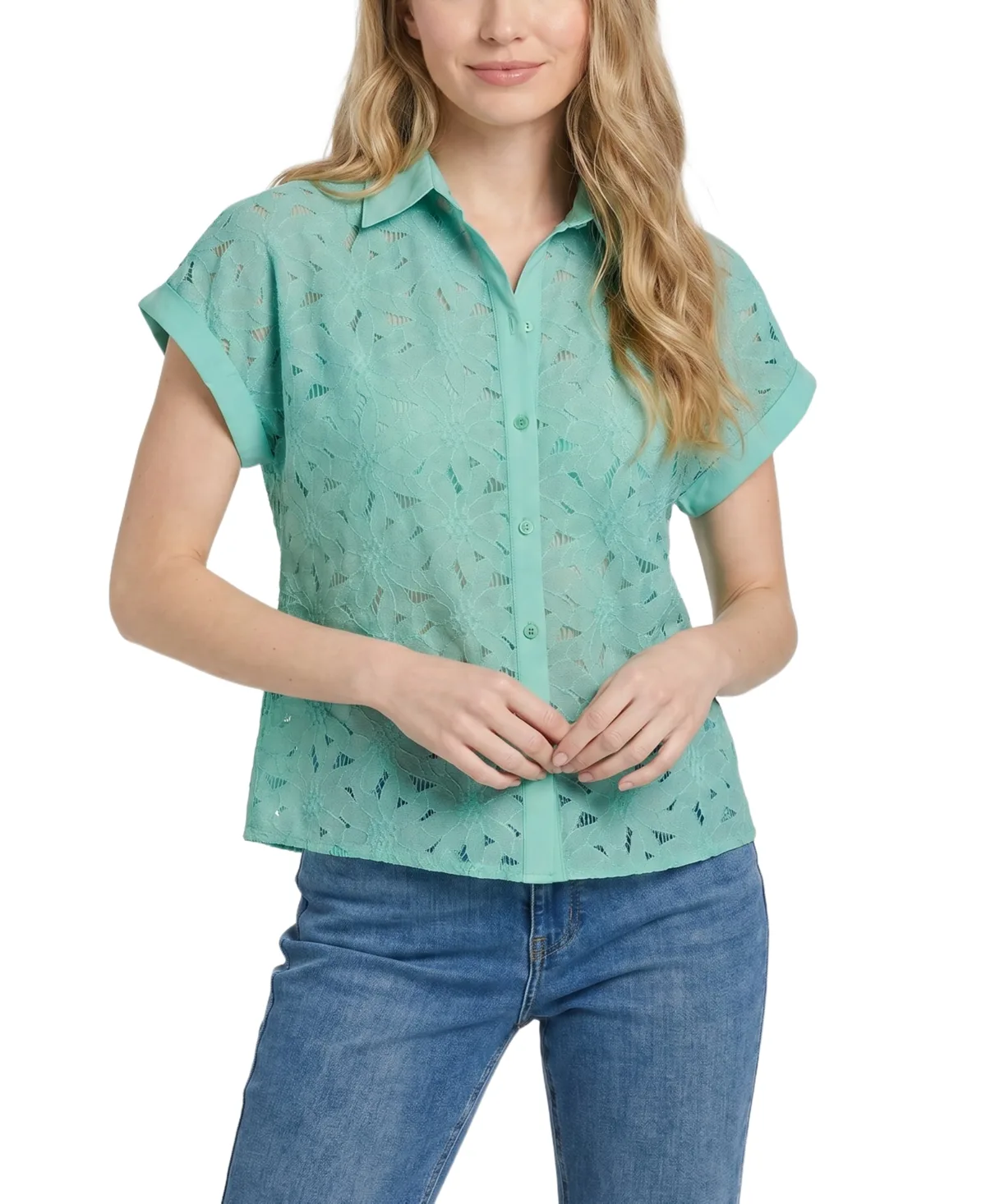 Point-Collar Short-Sleeve Button-Down Top by Ny Collection
