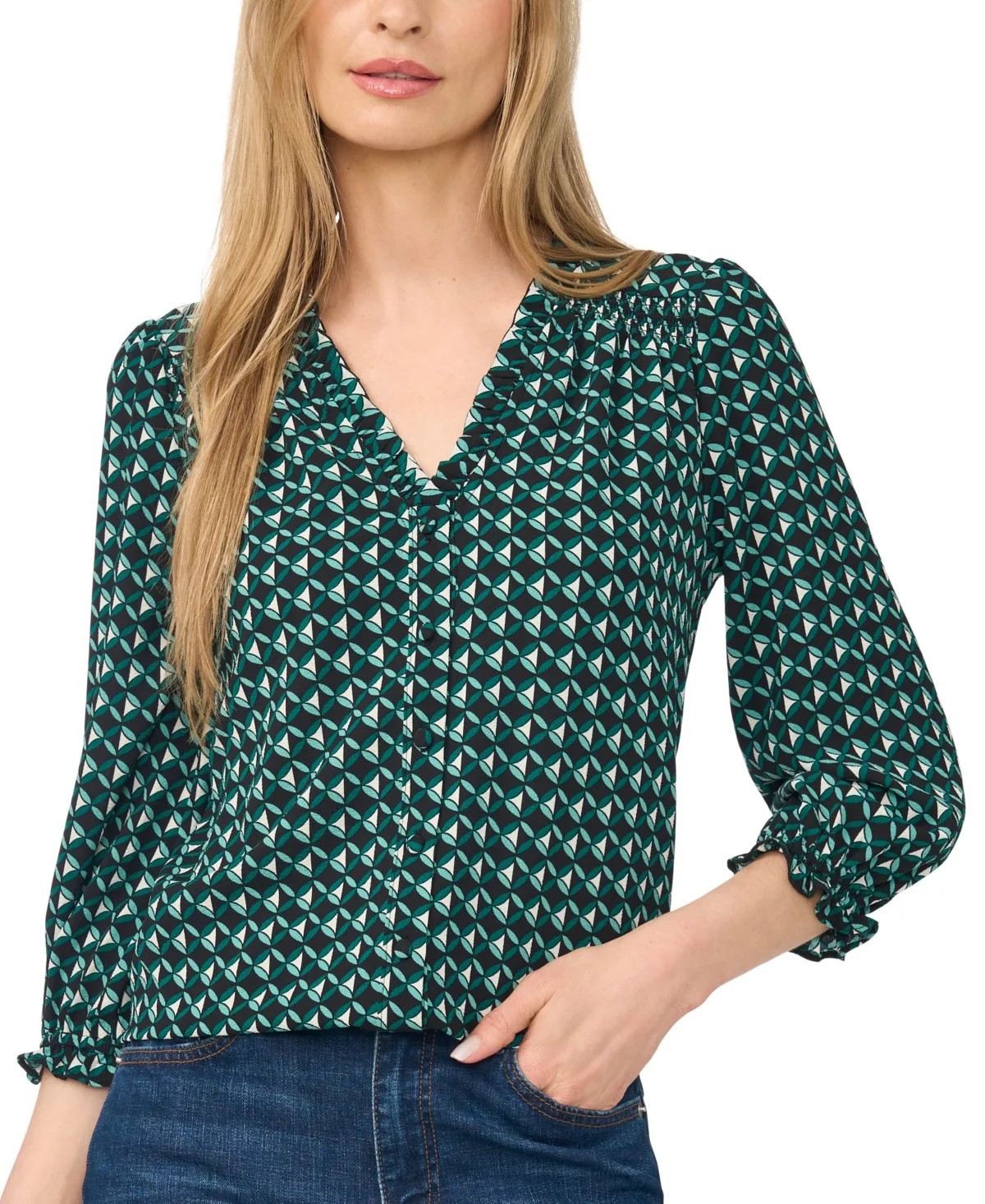 Button-Detail V-Neck 3/4-Sleeve Blouse by Cece