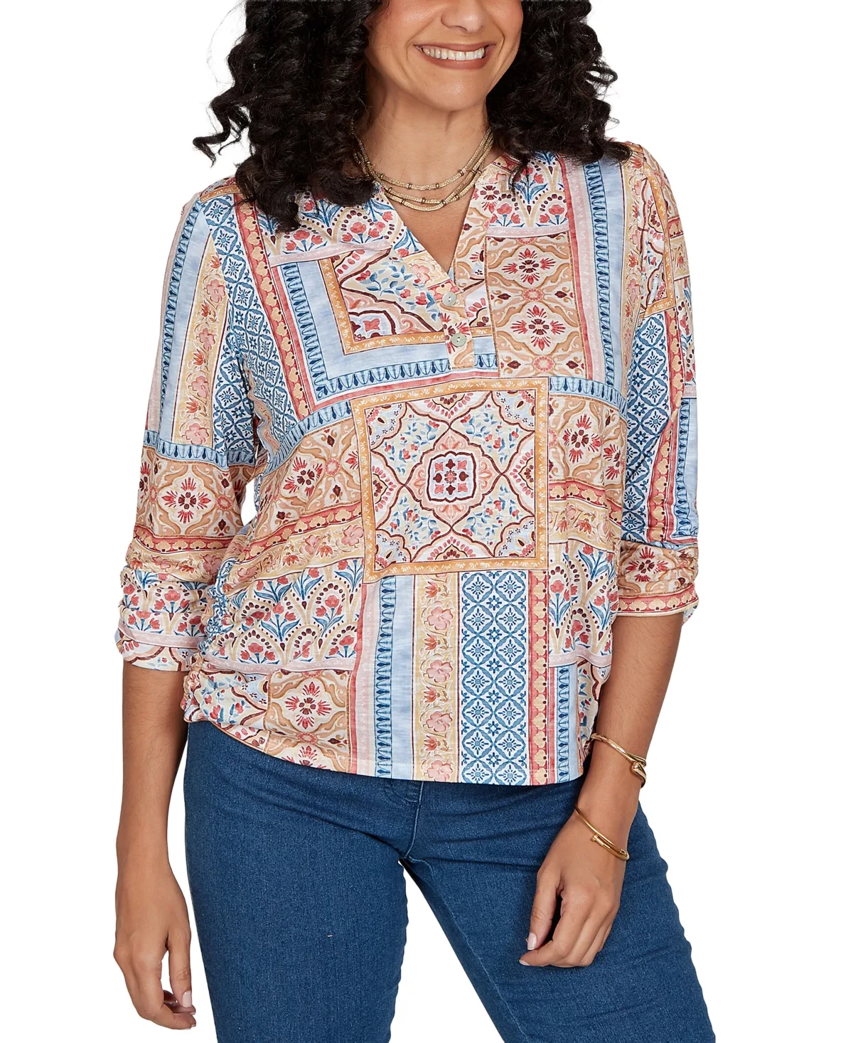 Floral 3/4-Sleeve Split-Neck Knit Top
