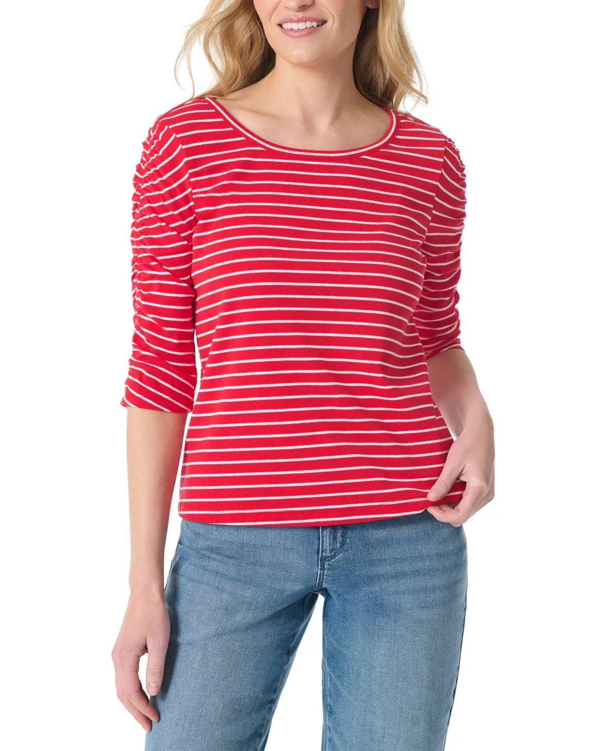 Striped Round Neck Ruched-Sleeve Tunic Top by Gloria Vanderbilt