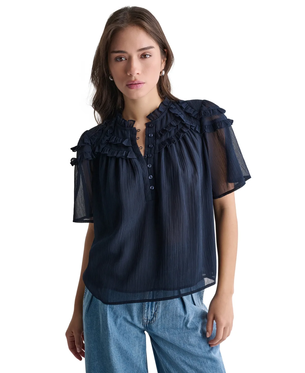 Crewneck Short-Sleeve Ruffle Top by Bcbg
