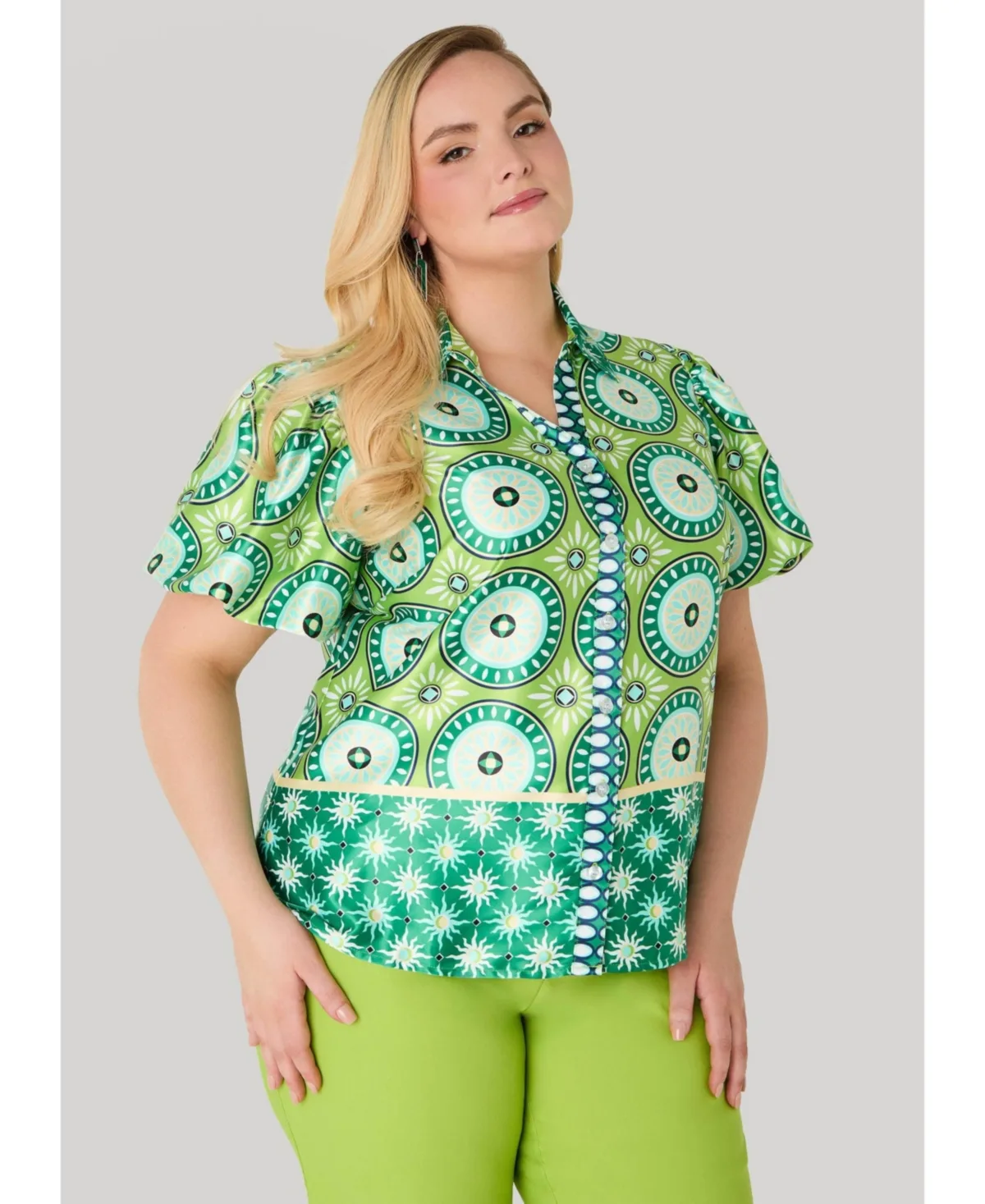 Puff Sleeved Circle Print Shirt by Ashley Stewart