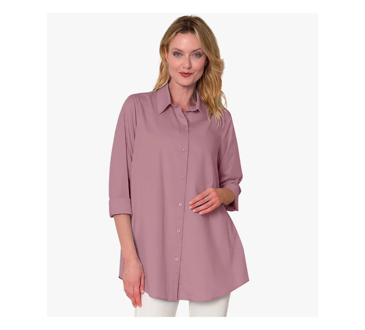 Cotton Poplin Button-Front A-Line Shirt Top Prime Time Tunic by Stella Carakasi